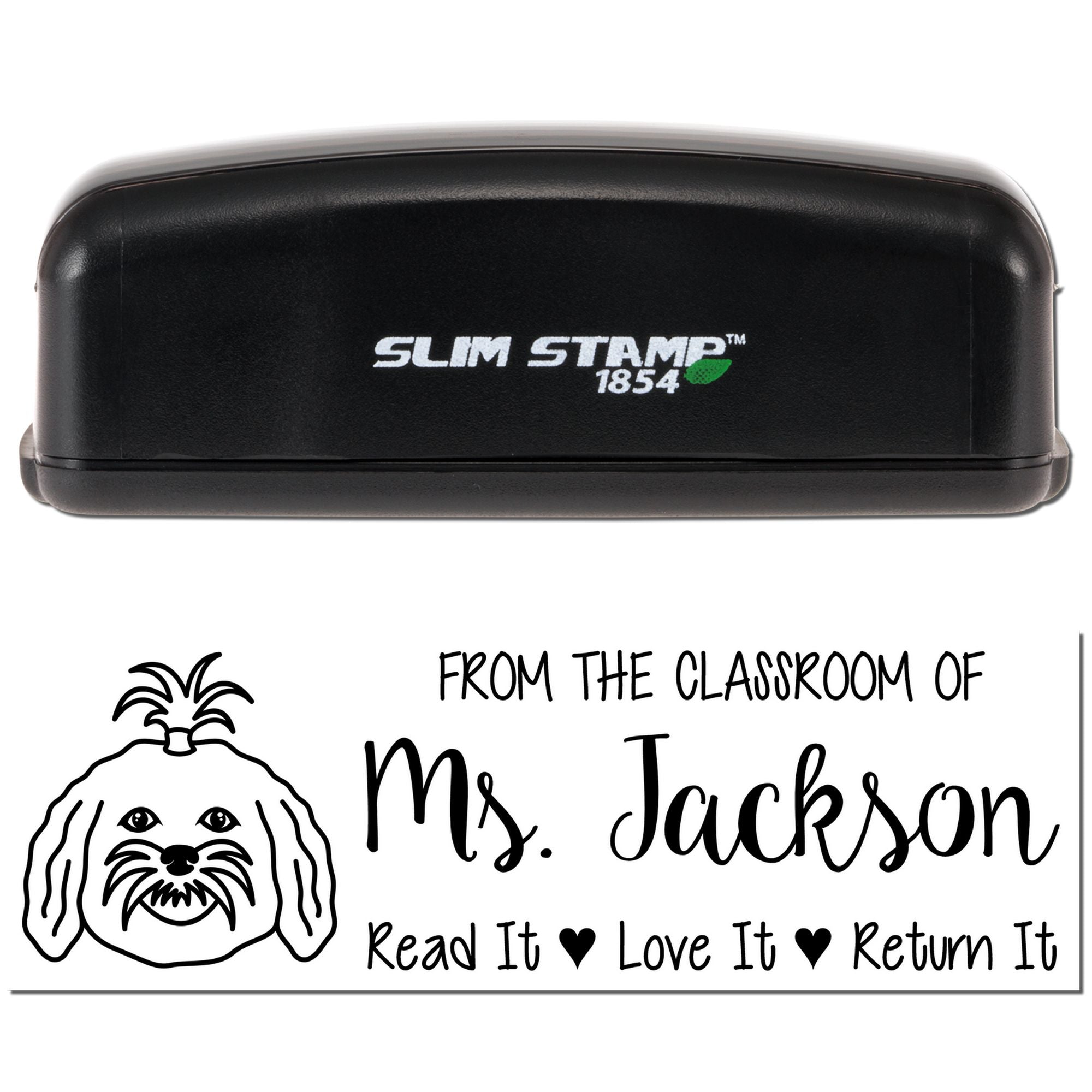 Custom teacher rubber stamp for classroom books, featuring Ms. Jackson and Read It, Love It, Return It dog design.