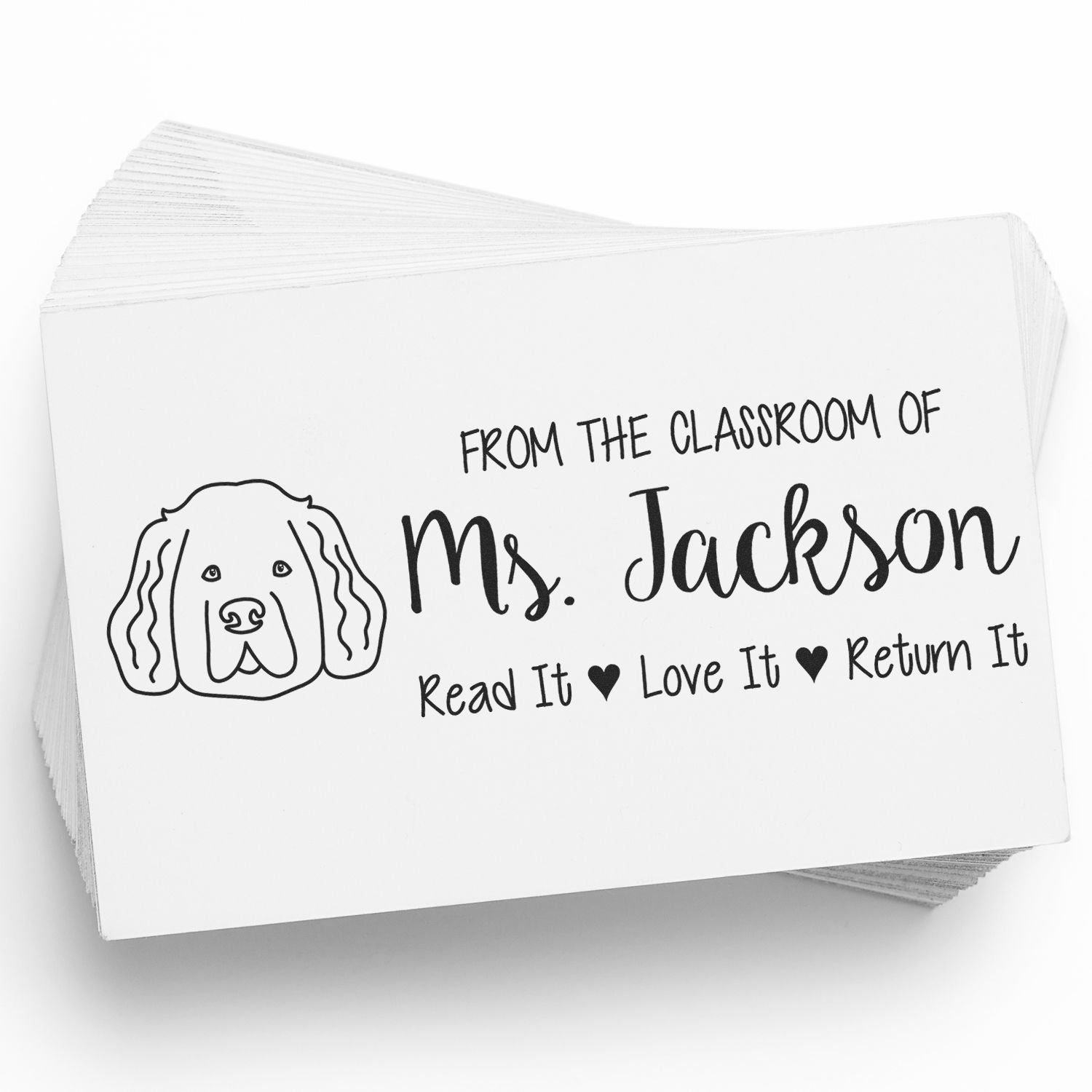 Custom classroom library rubber stamp for Ms. Jackson with dog illustration and Read It, Love It, Return It message.