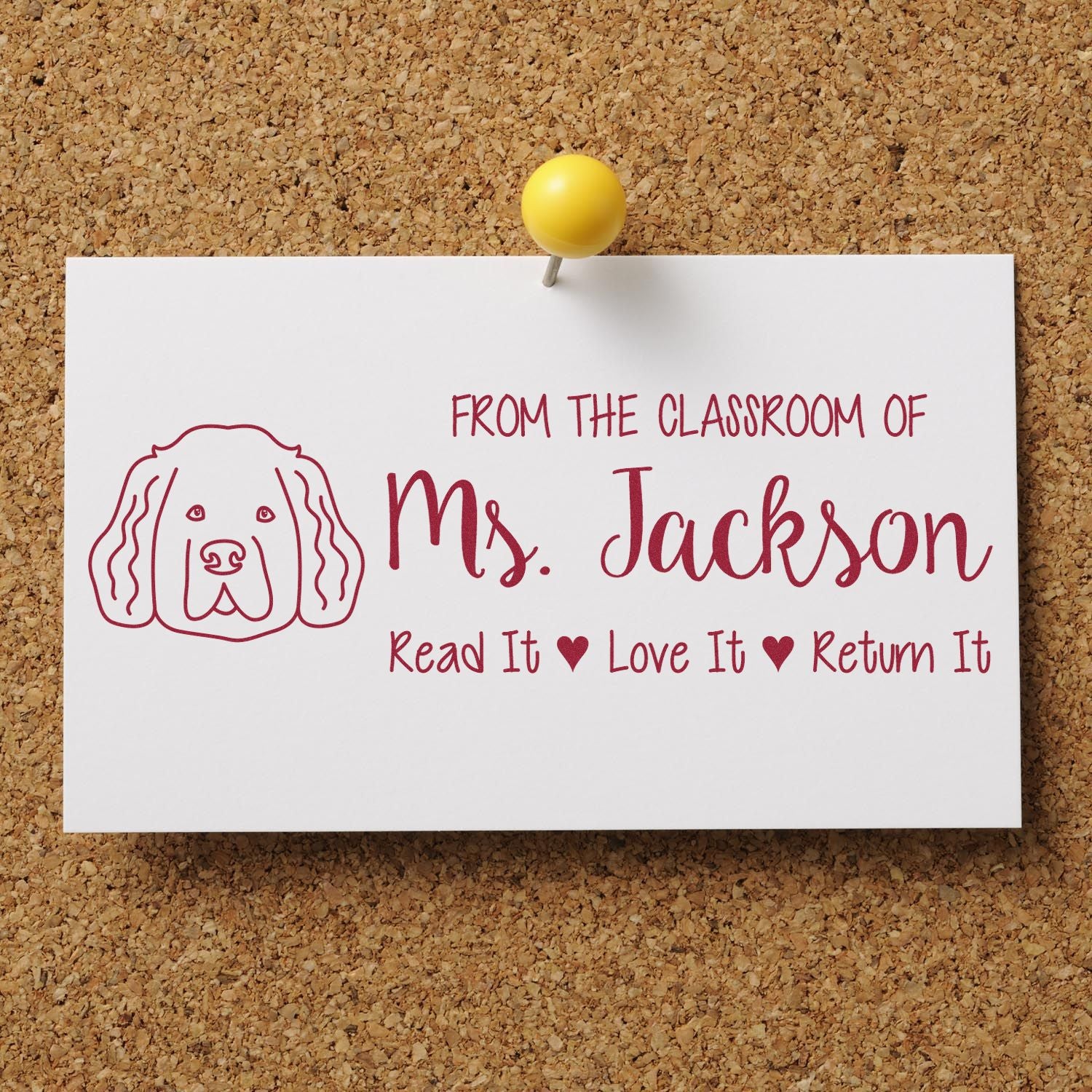 Custom teacher rubber stamp for Ms. Jackson with dog logo and Read It, Love It, Return It classroom book message.