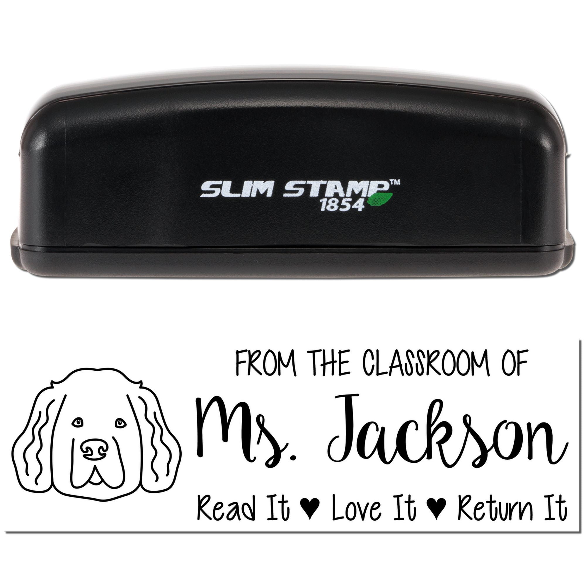 Personalized classroom book return rubber stamp for Ms. Jackson with dog graphic and Read It, Love It, Return It message.