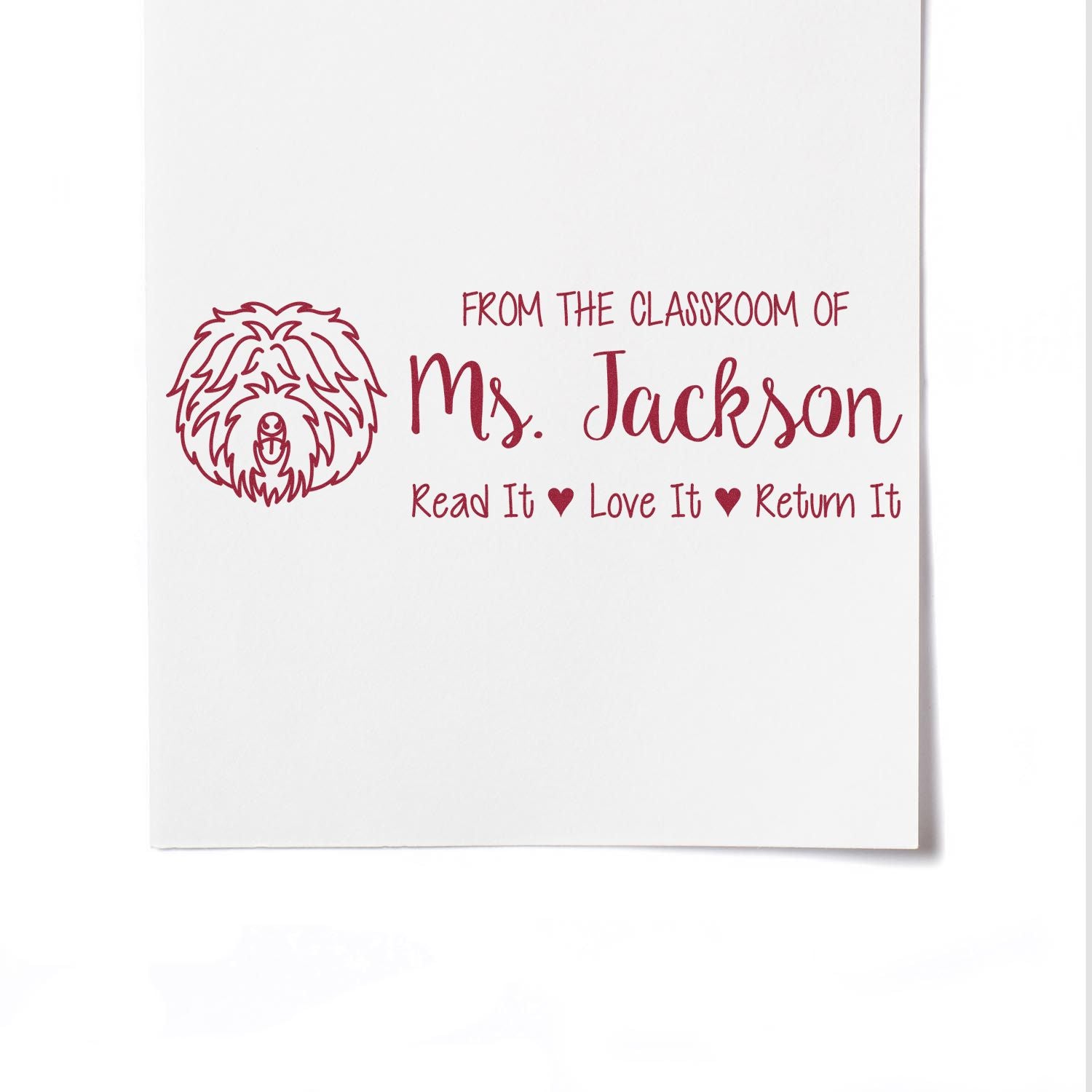 Personalized teacher book stamp with dog design: From the classroom of Ms. Jackson, Read it, Love it, Return it.