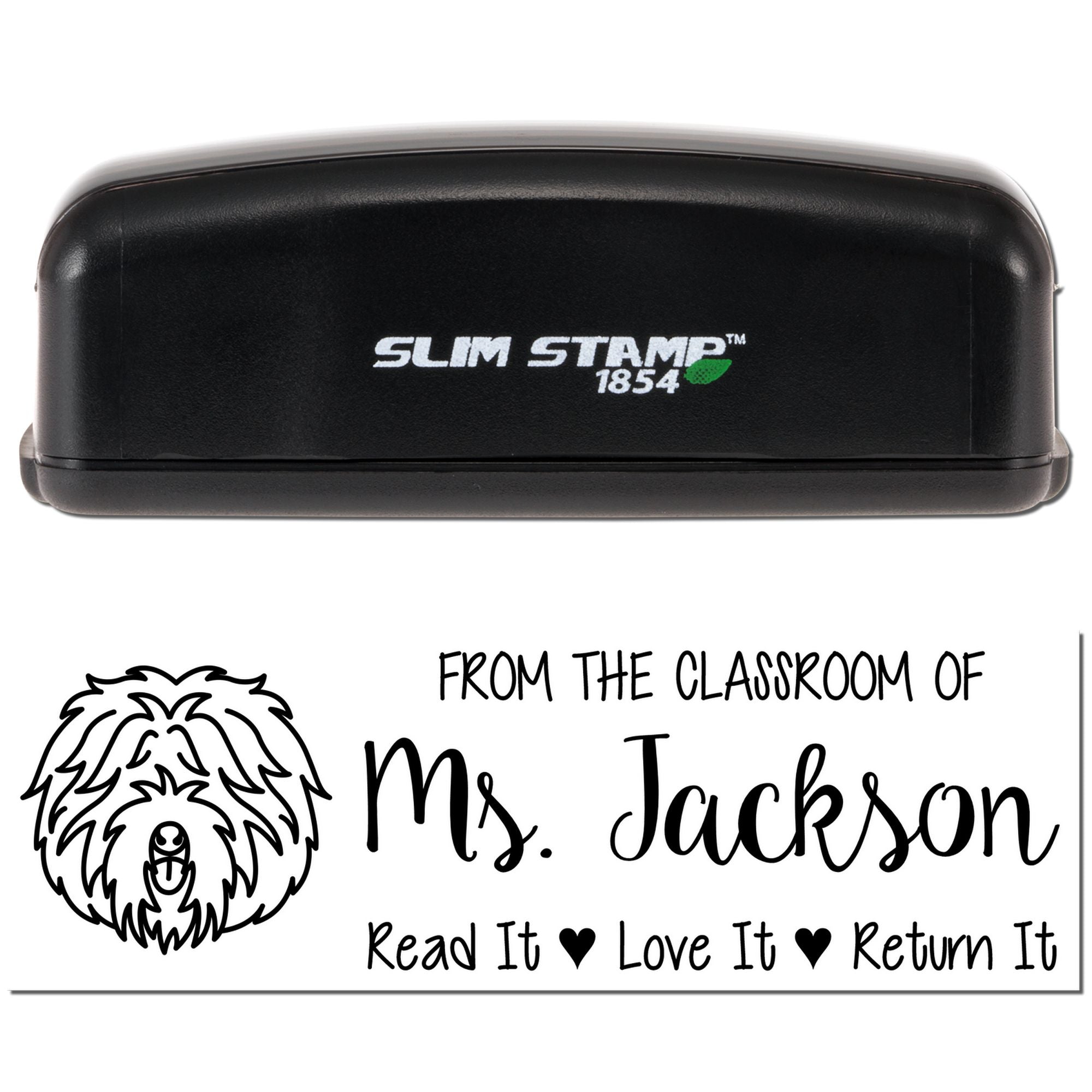 Slim Stamp 1854 rubber stamp with personalized classroom name stamp, featuring dog icon and Read It, Love It, Return It message.