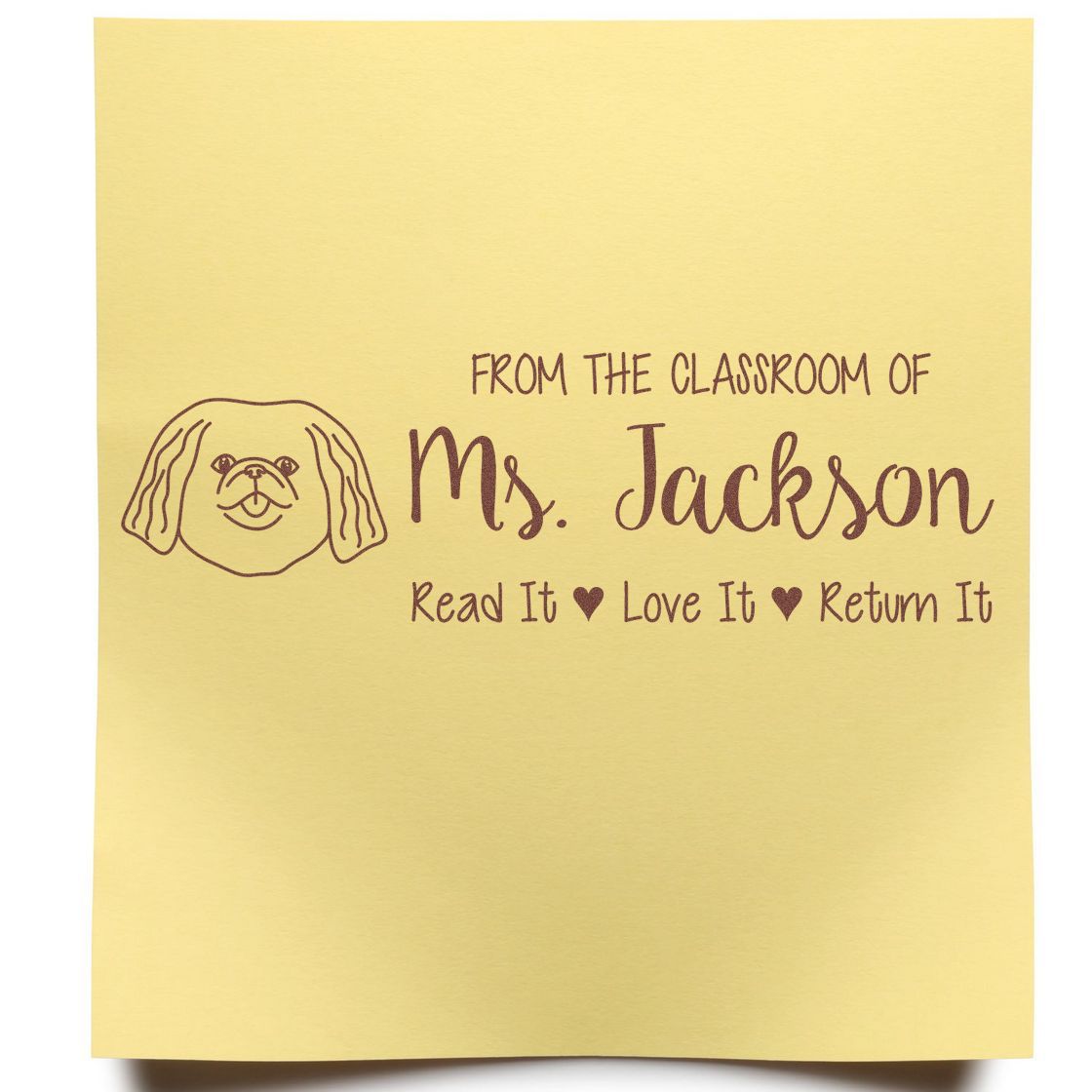 Personalized classroom library rubber stamp for Ms. Jackson with dog icon and Read It, Love It, Return It message.