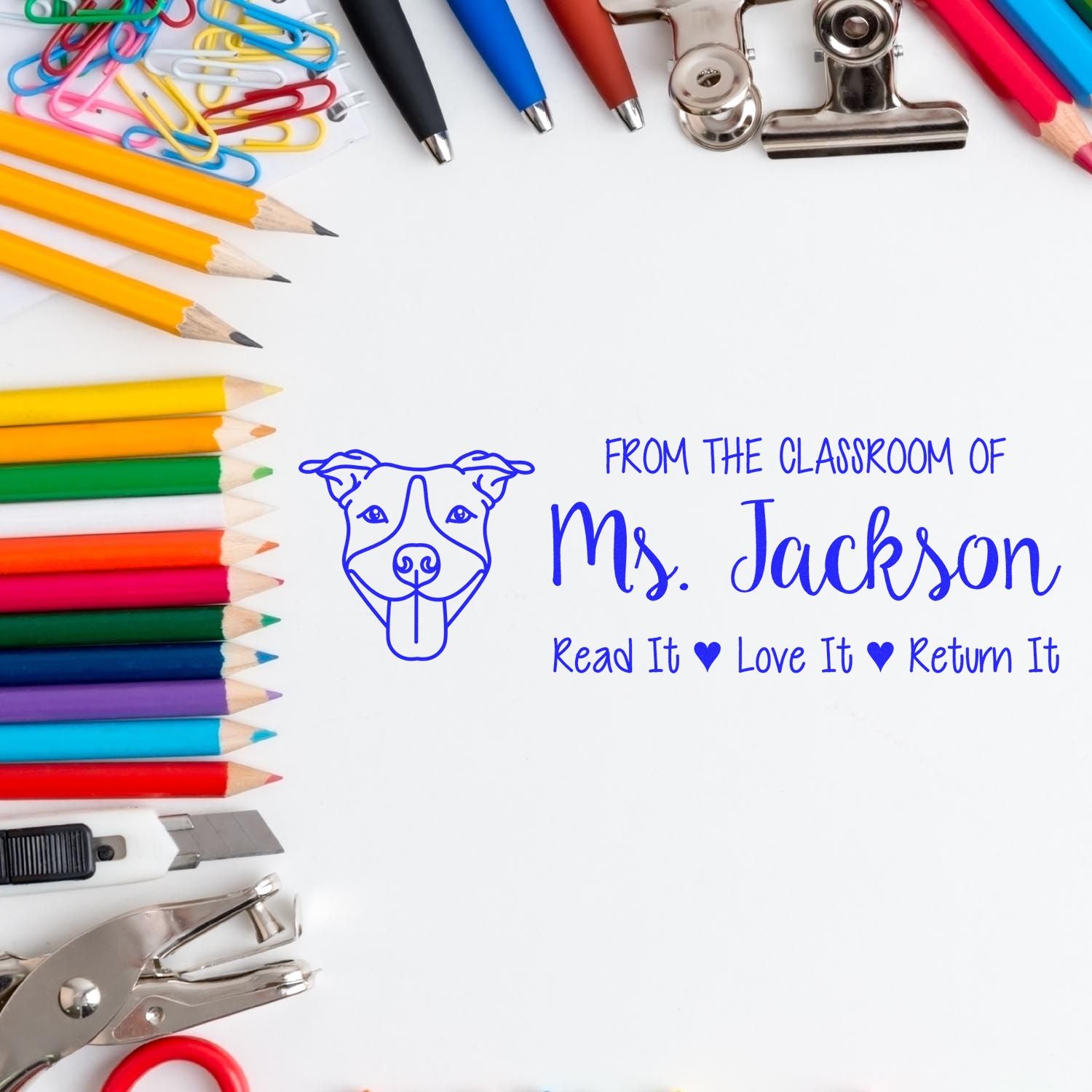 Custom teacher rubber stamp for Ms. Jackson with dog icon and Read It, Love It, Return It classroom book label.