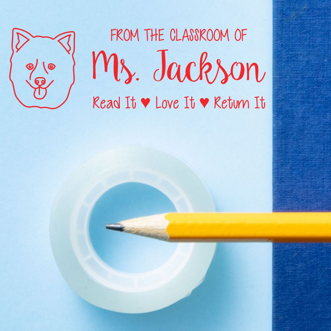 Custom teacher rubber stamp for library books: From the classroom of Ms. JacksonRead it, love it, return it.