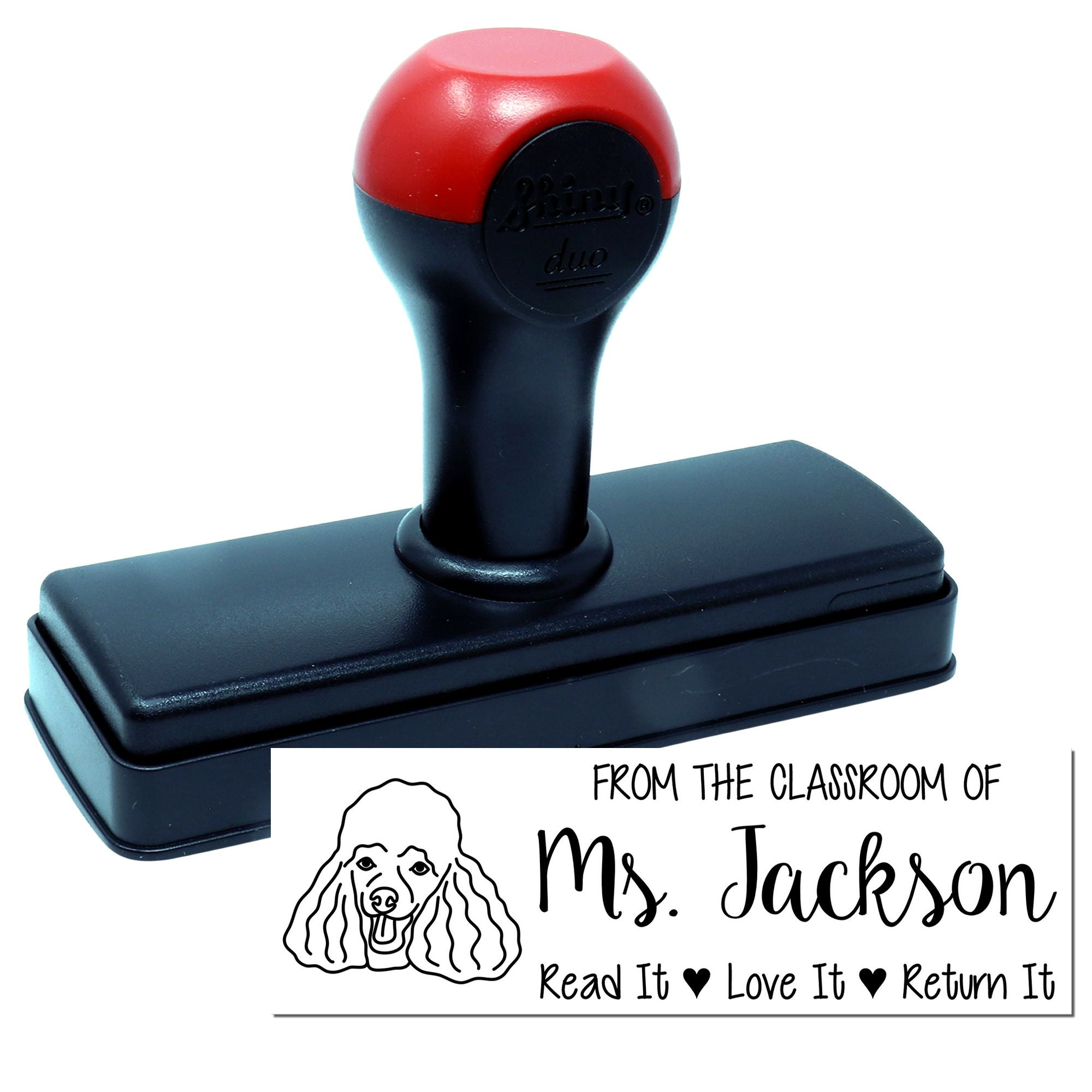 Personalized self-inking teacher rubber stamp with poodle design and From the Classroom of Ms. Jackson book return message.