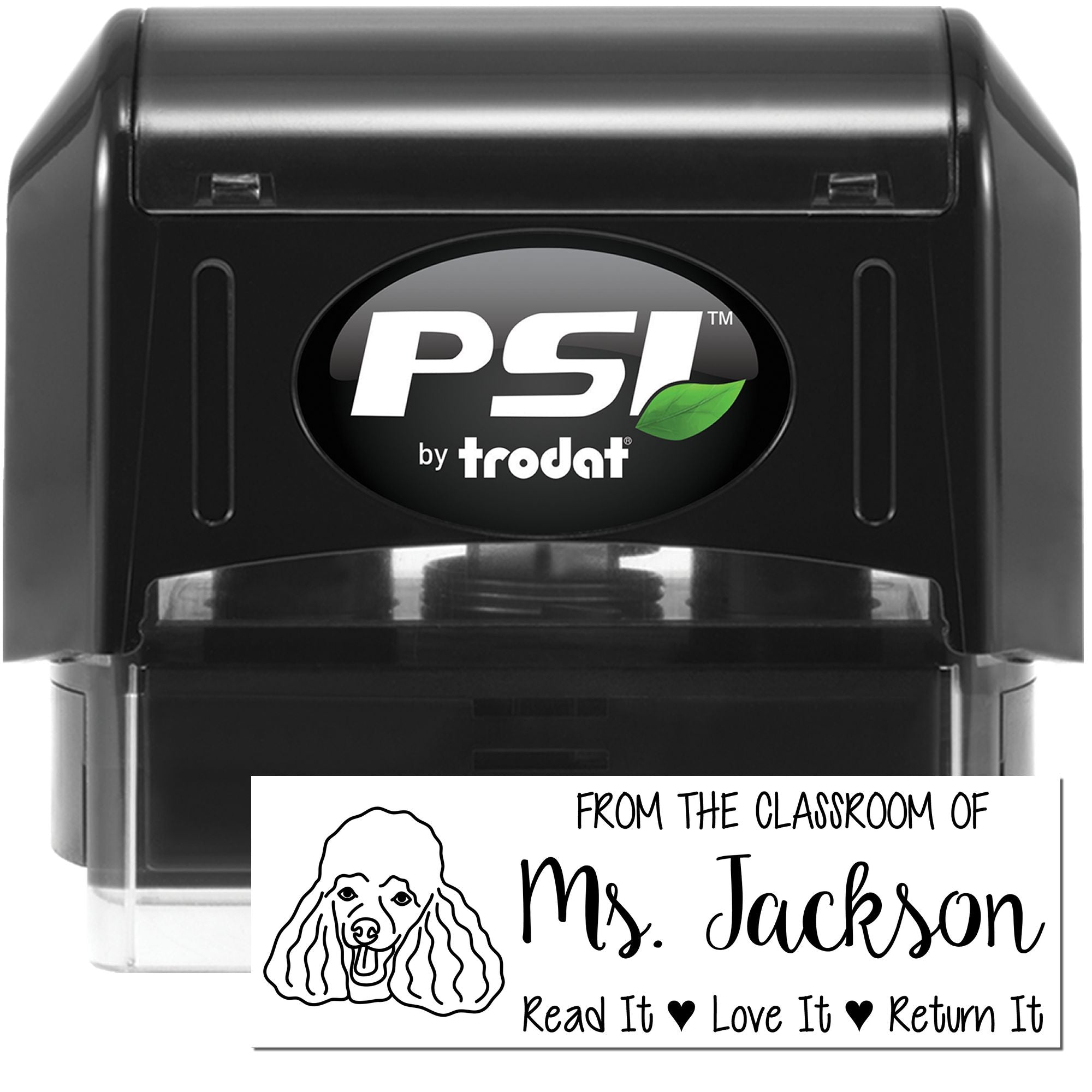 PSI by Trodat self-inking teacher rubber stamp with poodle design and Read It Love It Return It message