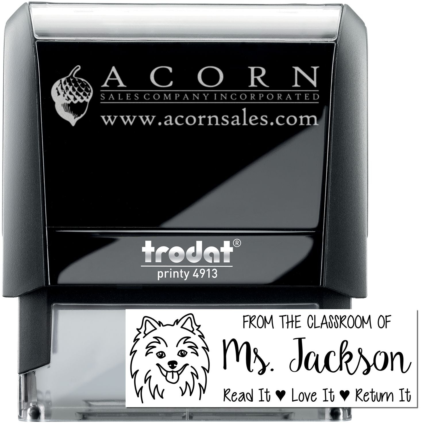 Custom self-inking rubber stamp, Trodat Printy 4913, with Ms. Jackson classroom return label.