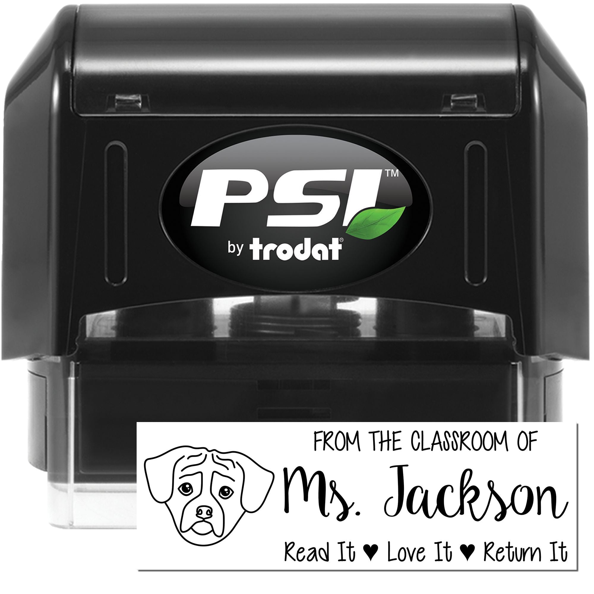 Custom self-inking teacher rubber stamp for classroom library books, from Ms. Jackson: Read It, Love It, Return It.