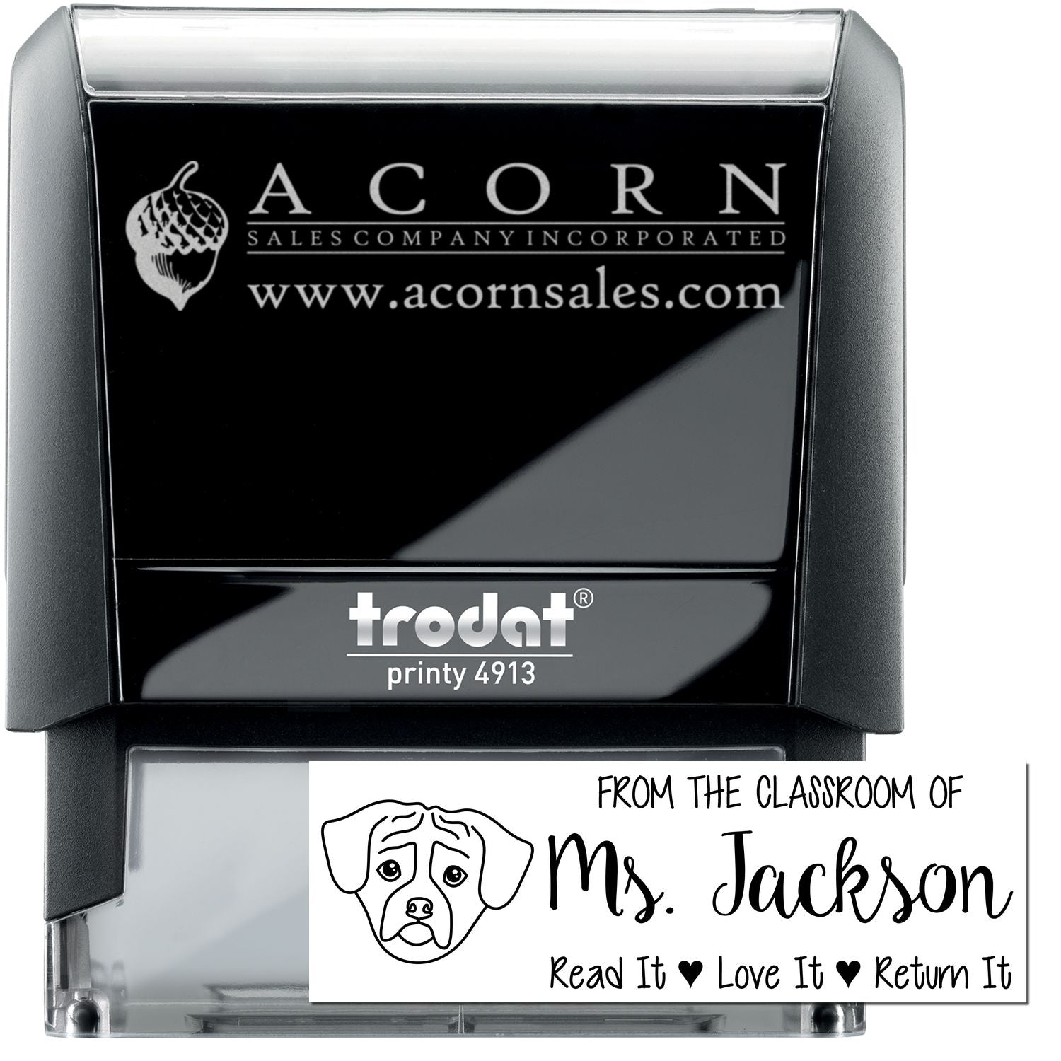 Custom self-inking rubber stamp with business logo and personalized teacher return address design for branding and classroom use.