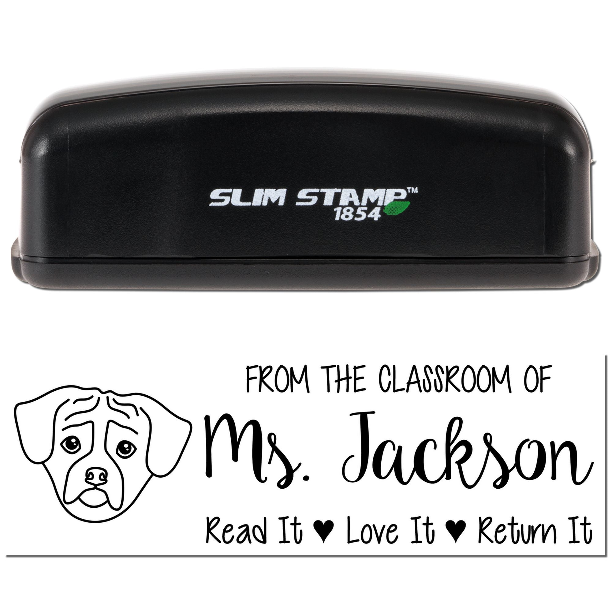 Custom teacher rubber stamp for classroom books and return reminders, featuring From the classroom of Ms. Jackson.