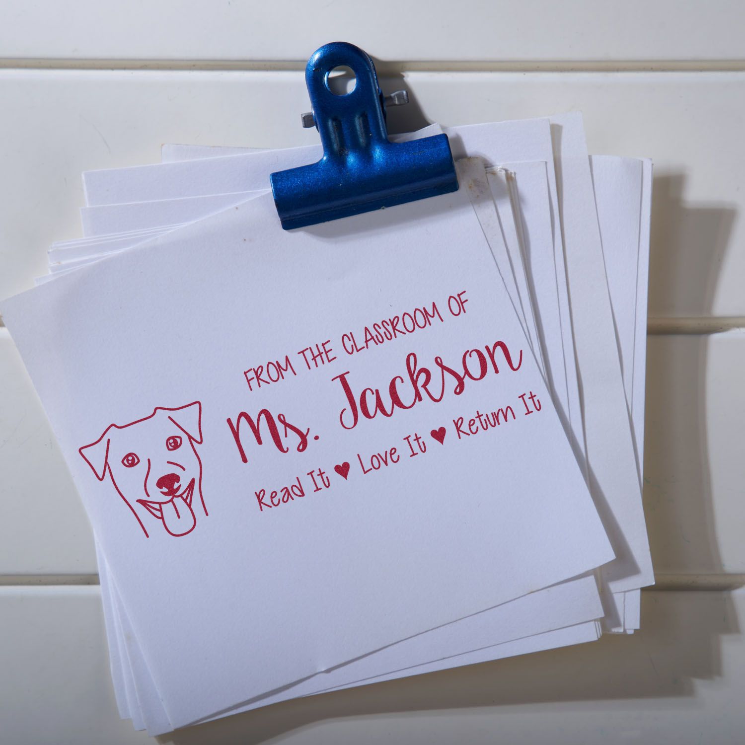 Custom teacher rubber stamp for classroom book returns, reading From the Classroom of Mrs. JacksonRead It, Love It, Return It