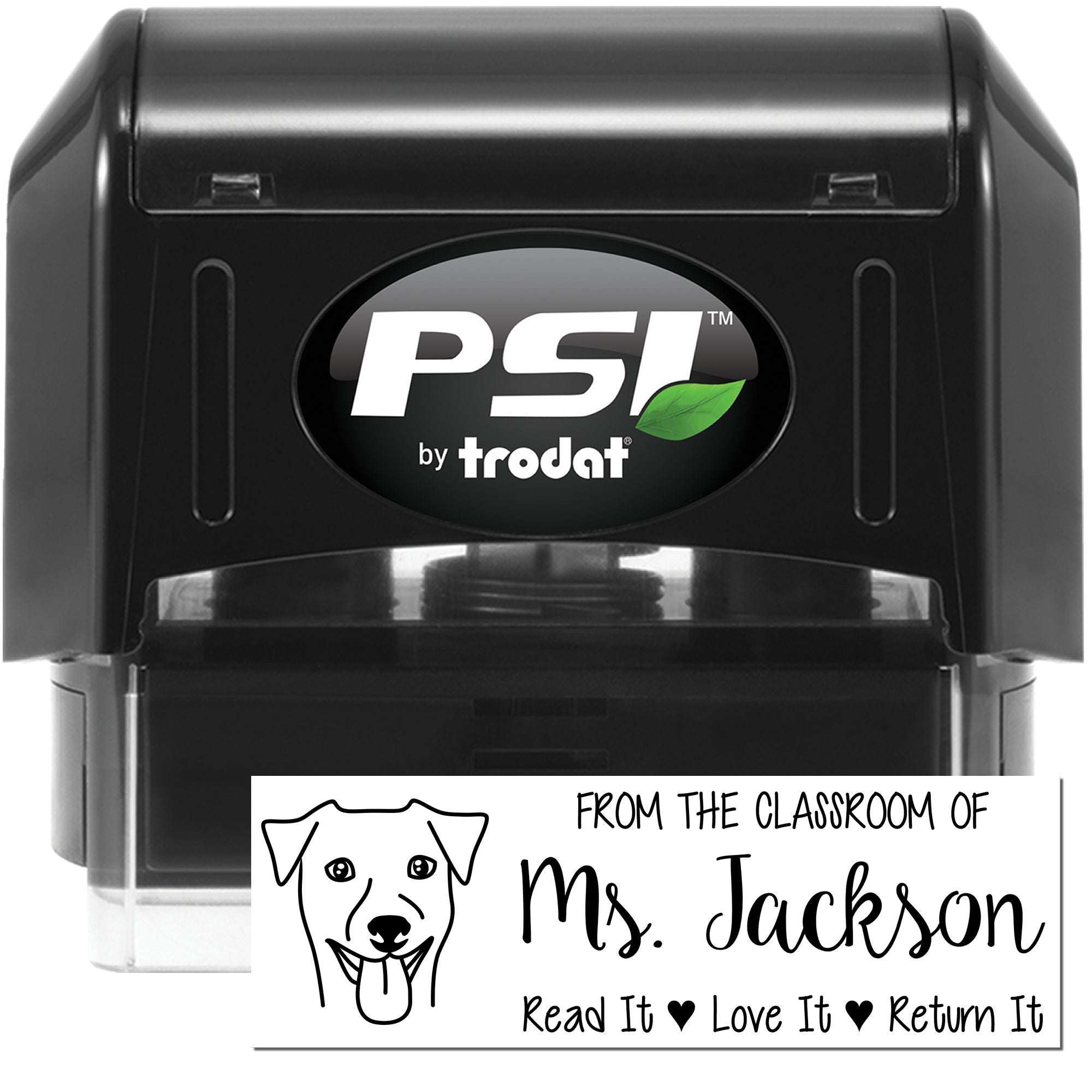 PSI by Trodat self-inking rubber stamp with custom classroom library return message for Ms. Jackson.