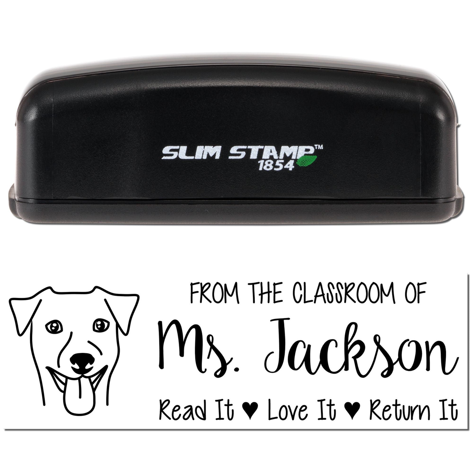 Custom teacher book stamp with dog design for classroom library, reading, and book return labels.