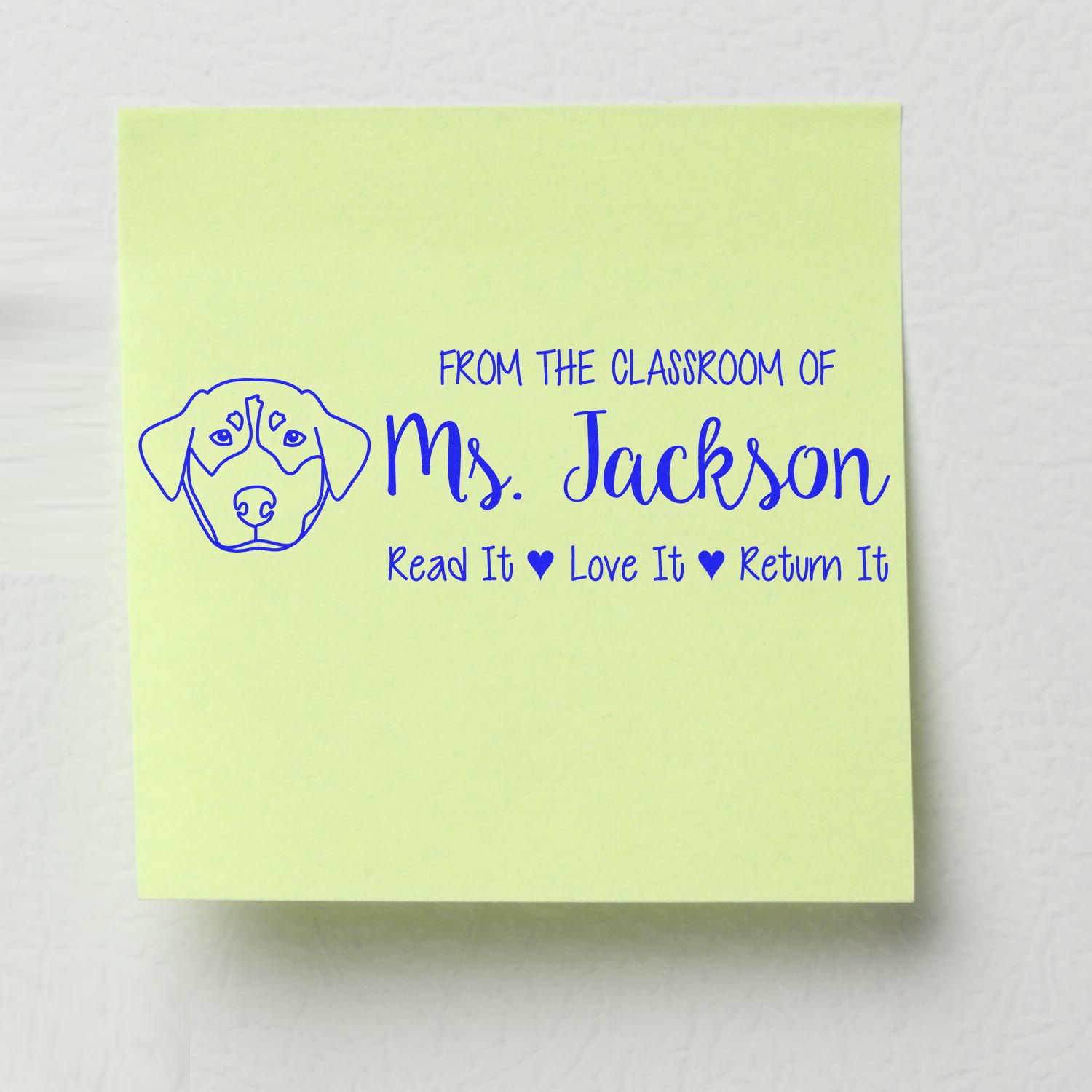 Personalized classroom library rubber stamp with dog icon: From the classroom of Ms. Jackson, Read It Love It Return It.