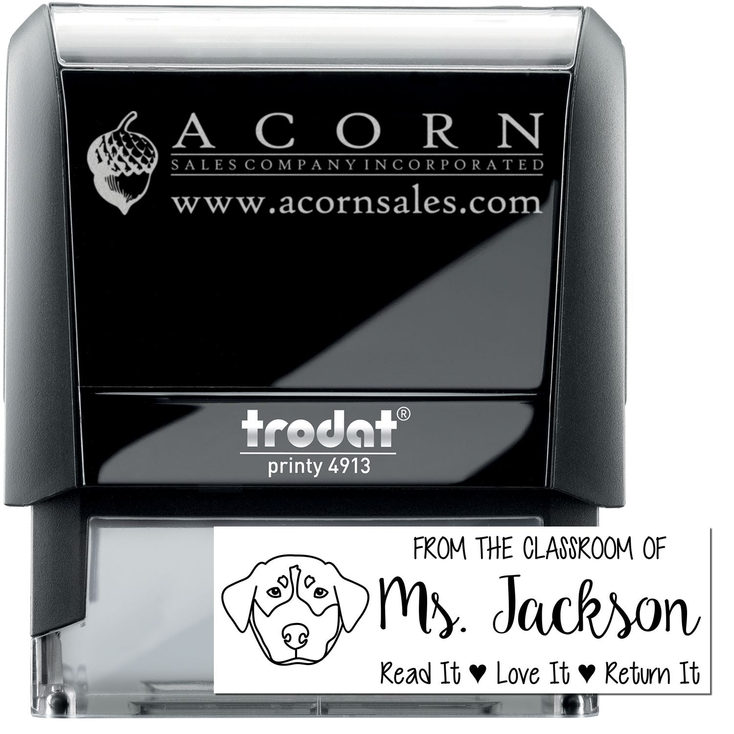 Custom self-inking rubber stamp for business logos and classroom name stamps, shown with Acorn Sales and Mrs. Jackson designs.