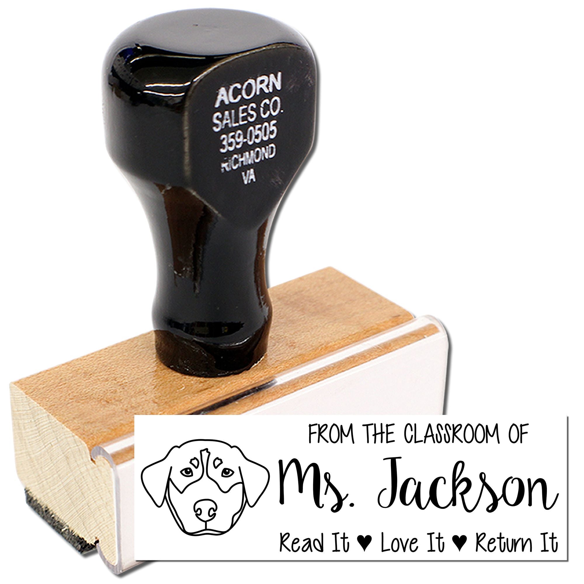 Personalized teacher rubber stamp with Read It, Love It, Return It classroom book return message and dog icon.