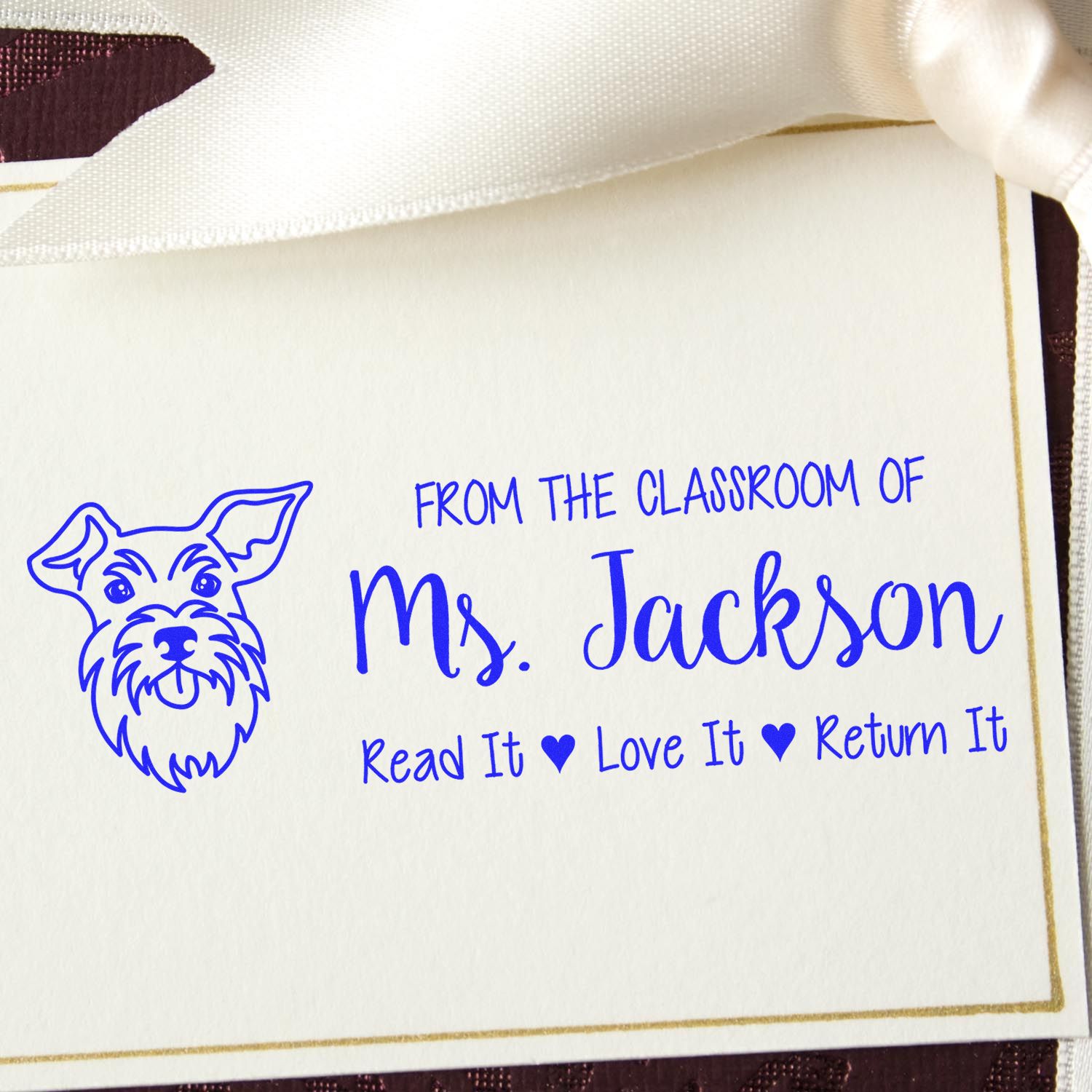 Personalized teacher rubber stamp for Ms. Jackson with dog design and book return message for classroom books.