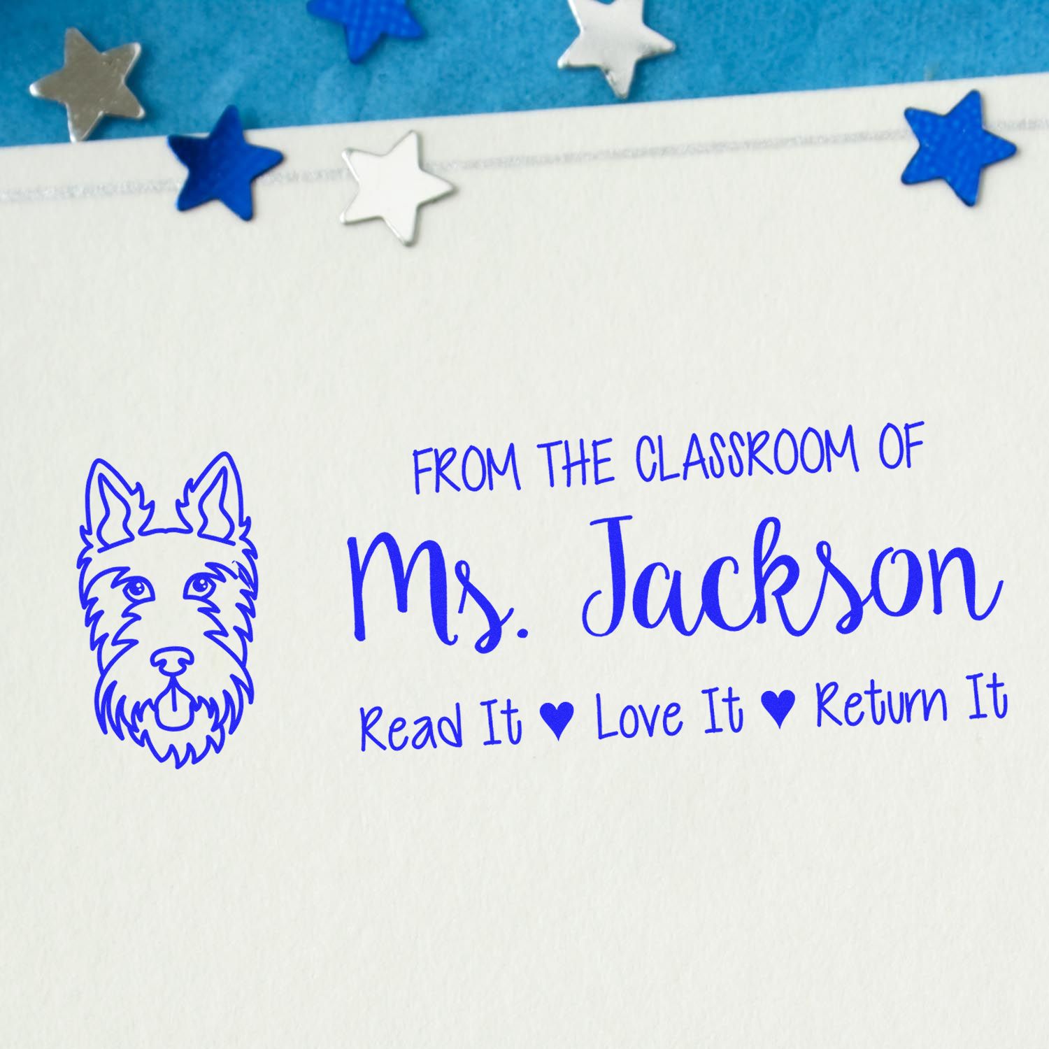 Personalized classroom library rubber stamp for Ms. Jackson with dog art and Read It, Love It, Return It message.