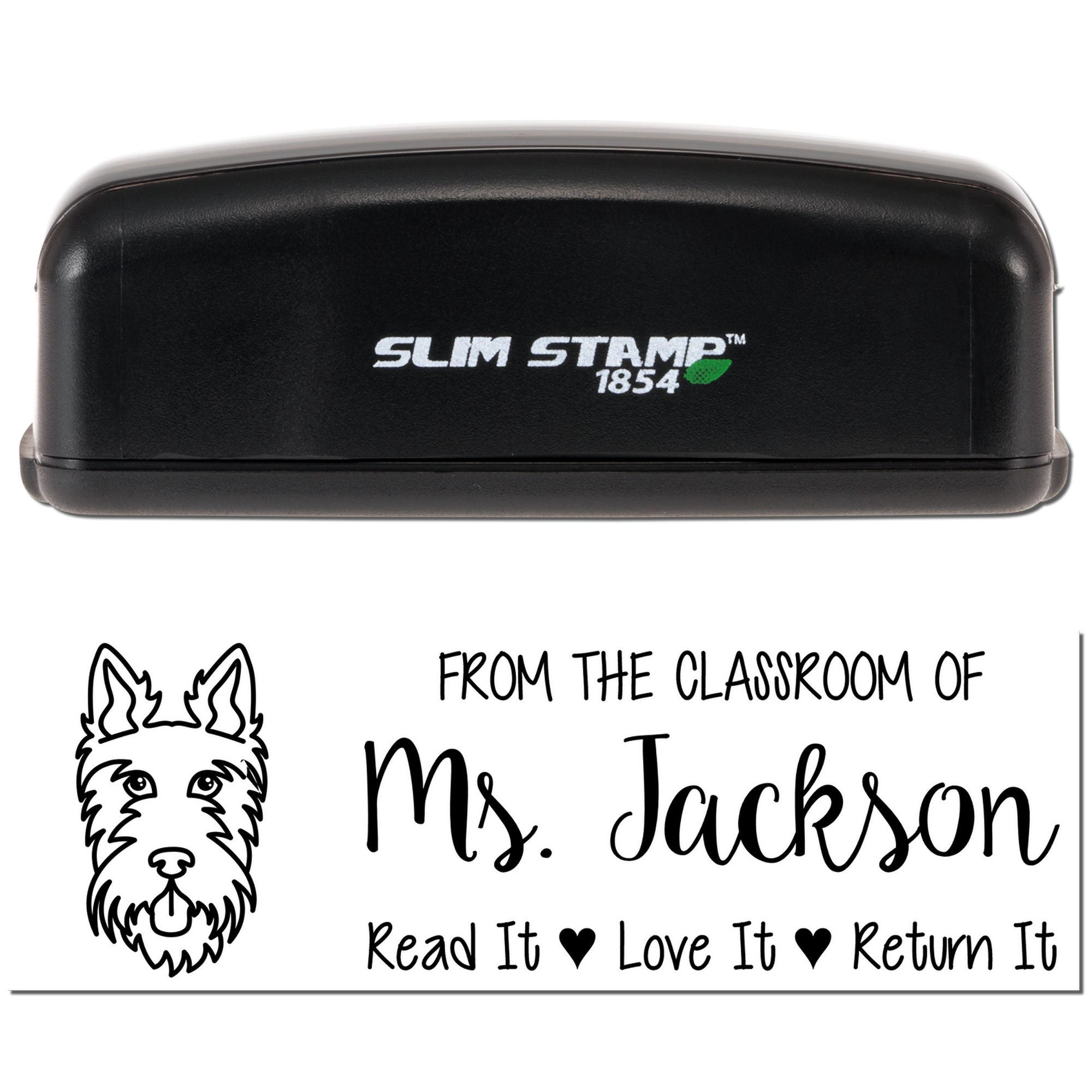 Custom self-inking teacher rubber stamp for classroom books, featuring Ms. Jackson and Read It, Love It, Return It.