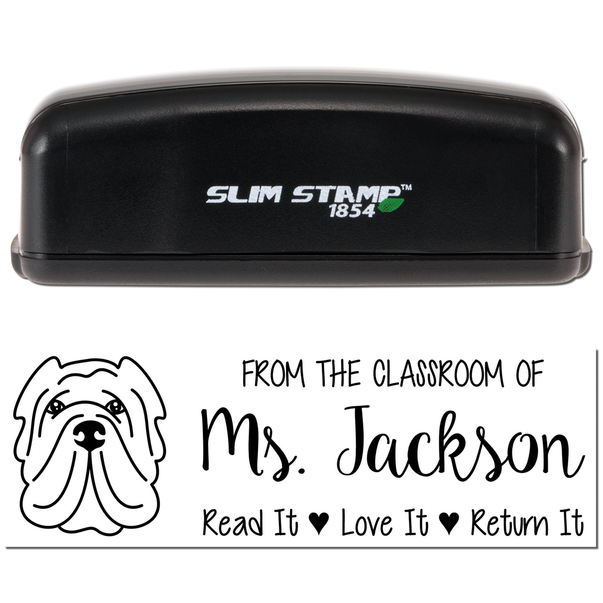 Personalized Slim Stamp 1854 rubber stamp for classroom books, reading label design for Ms. Jackson: Read It, Love It, Return It.