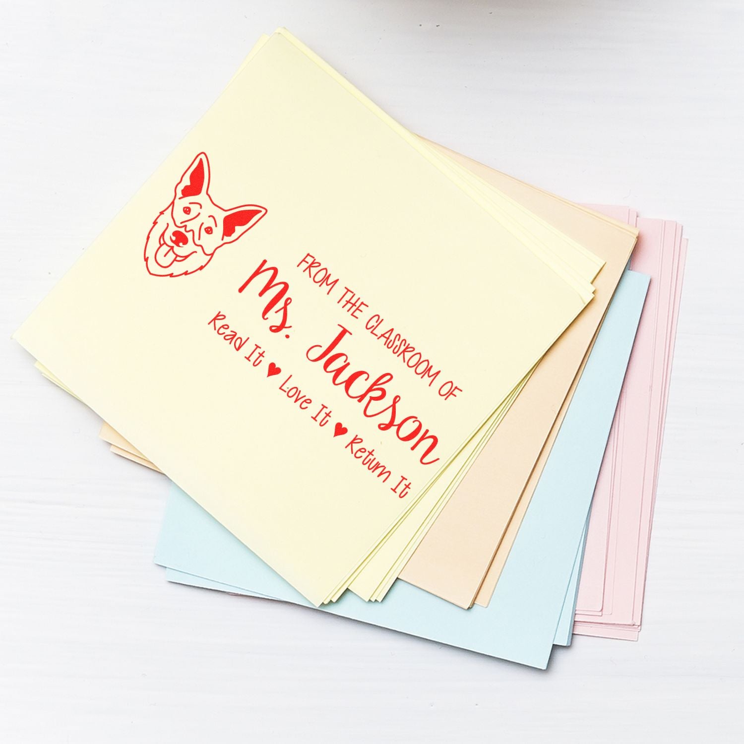 Custom teacher rubber stamp imprint on pastel cards with dog design, From the Classroom of Ms. Jackson read-it-love-it-return-it.