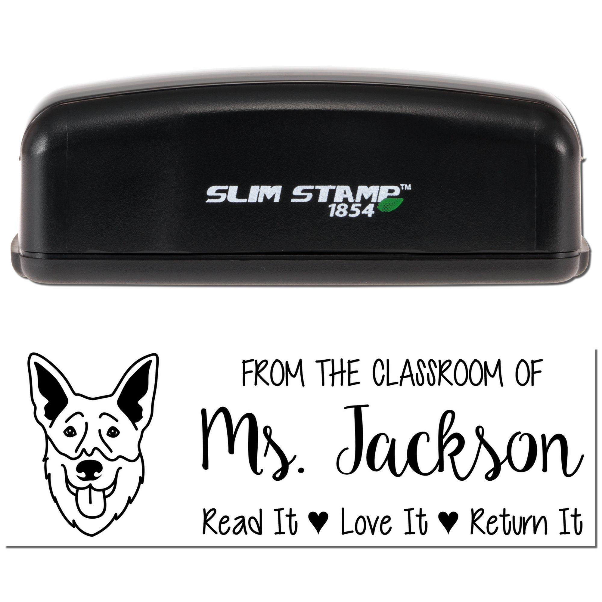 Self-inking classroom rubber stamp for Ms. Jackson with dog design and Read It, Love It, Return It book label.