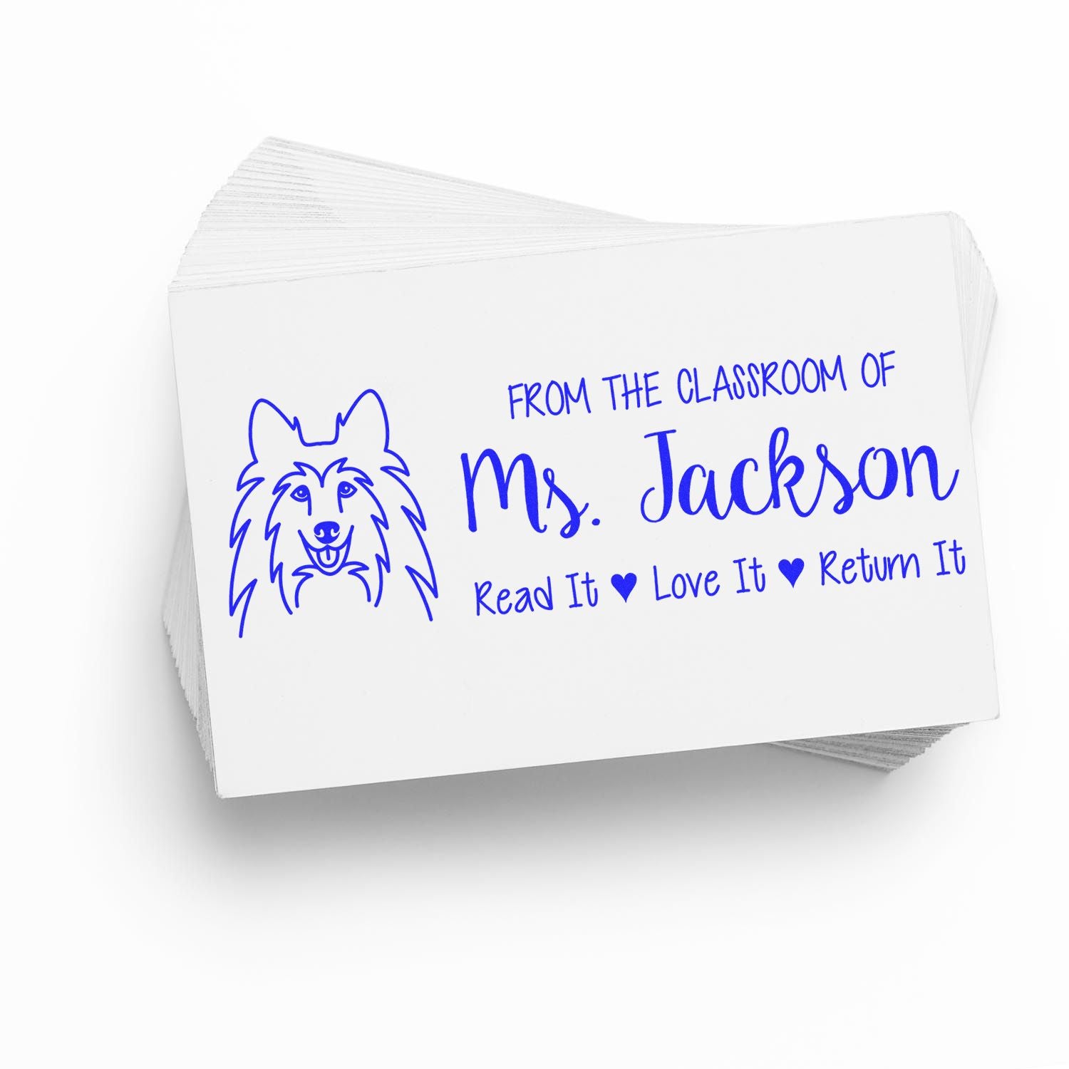 Personalized teacher rubber stamp for Ms. Jackson with dog logo and Read It, Love It, Return It classroom book label.