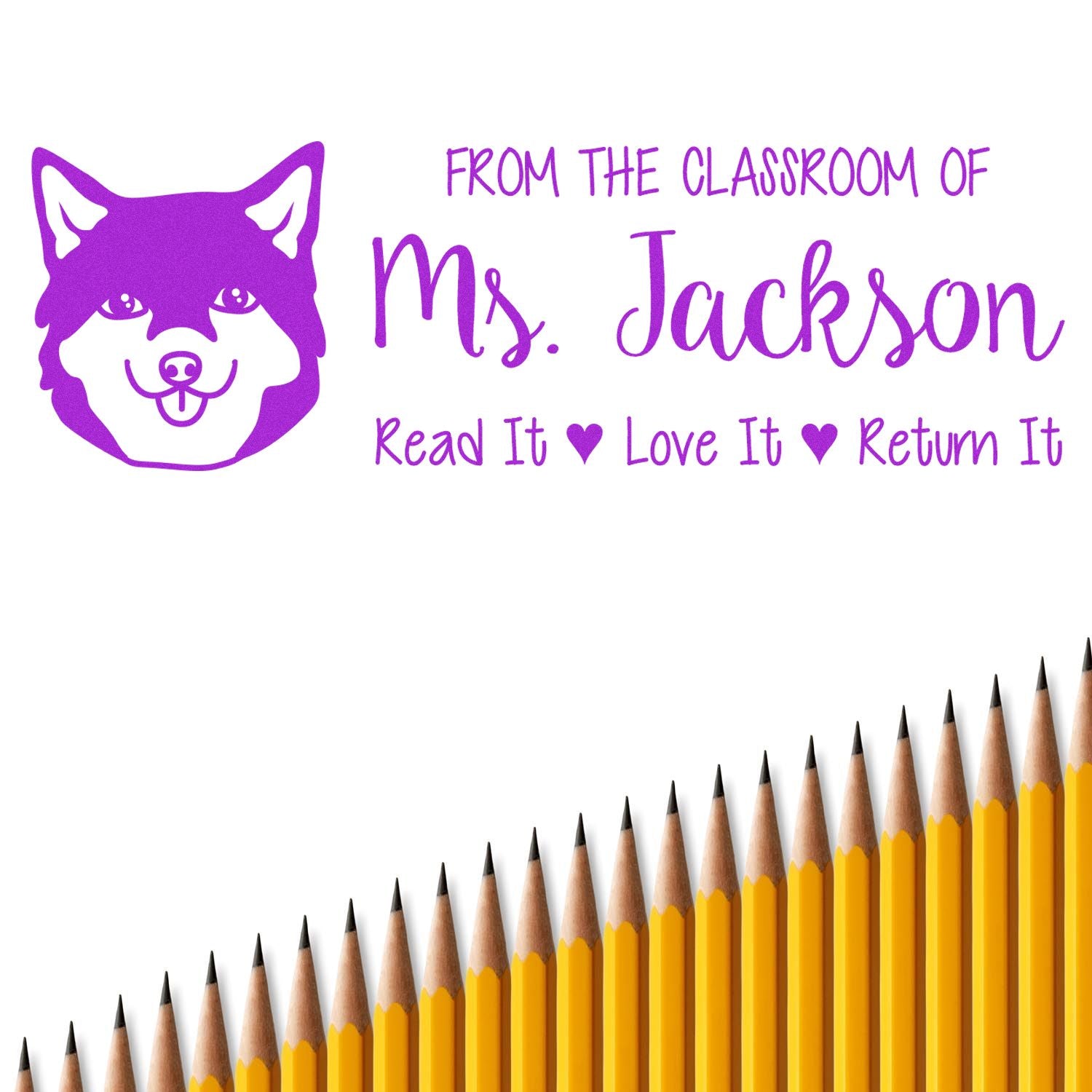 Custom teacher rubber stamp for Ms. Jackson with fox design and Read It Love It Return It classroom book label.