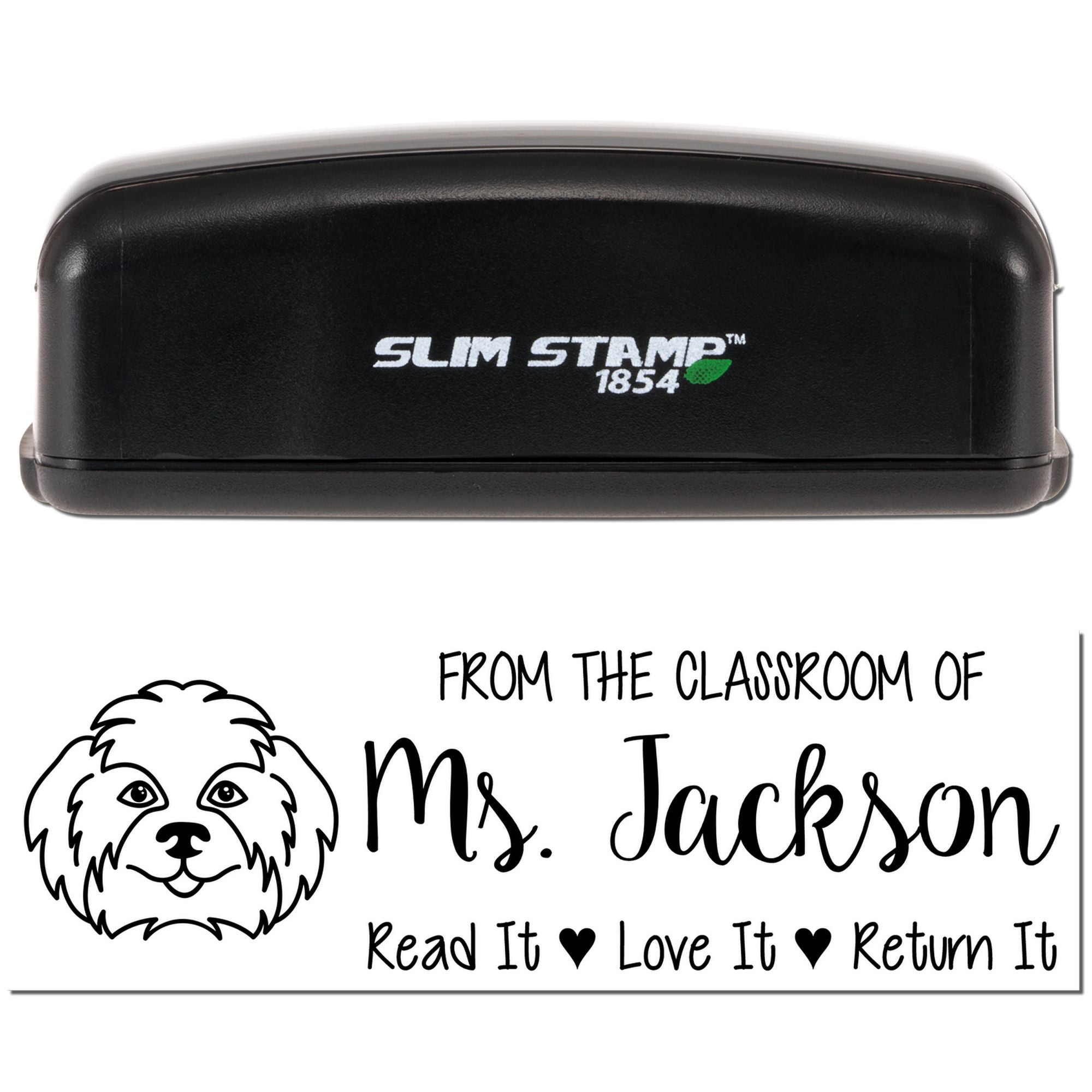 Custom Slim Stamp 1854 rubber stamp for Ms. Jacksons classroom, featuring a Read It, Love It, Return It book label design.