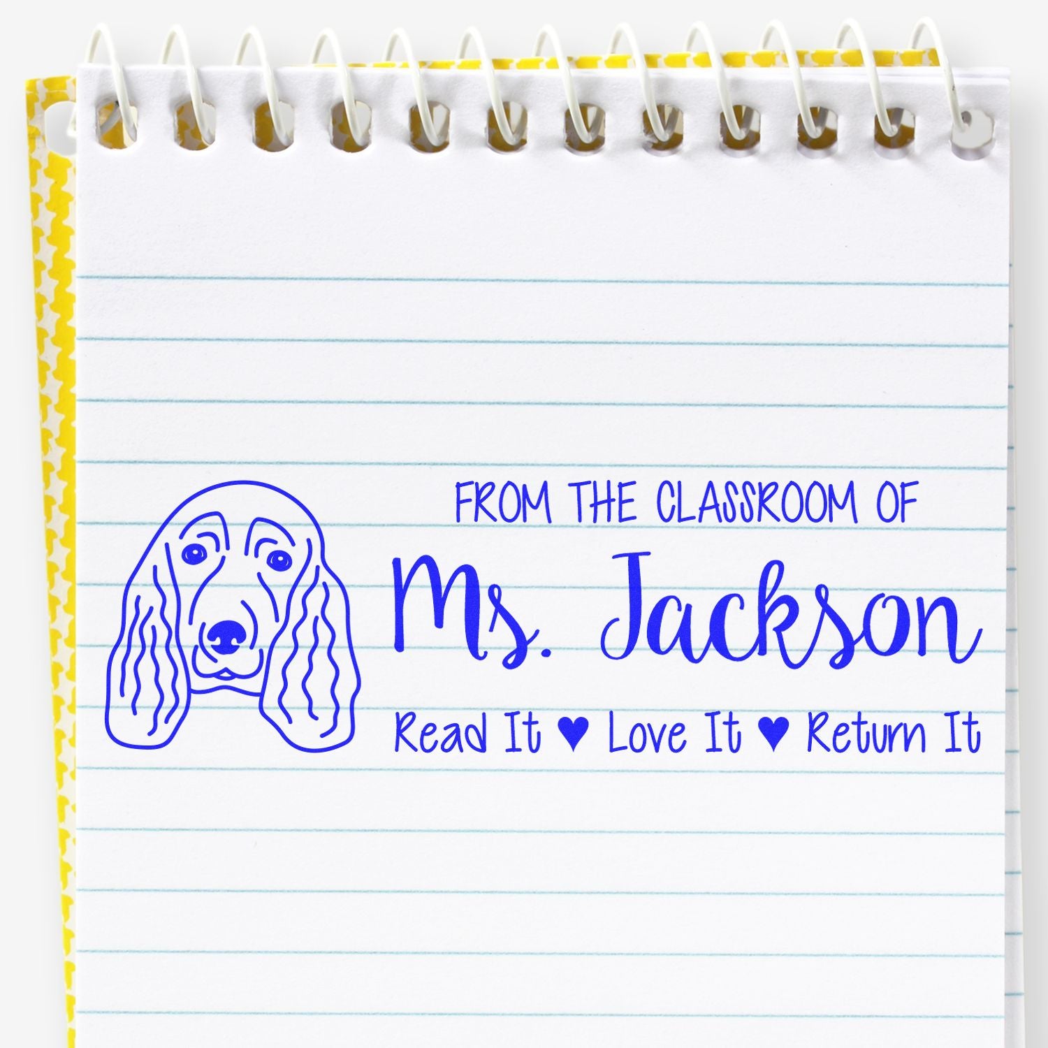 Custom teacher rubber stamp for notebooks: From the classroom of Ms. Jackson, Read It, Love It, Return It with dog graphic.