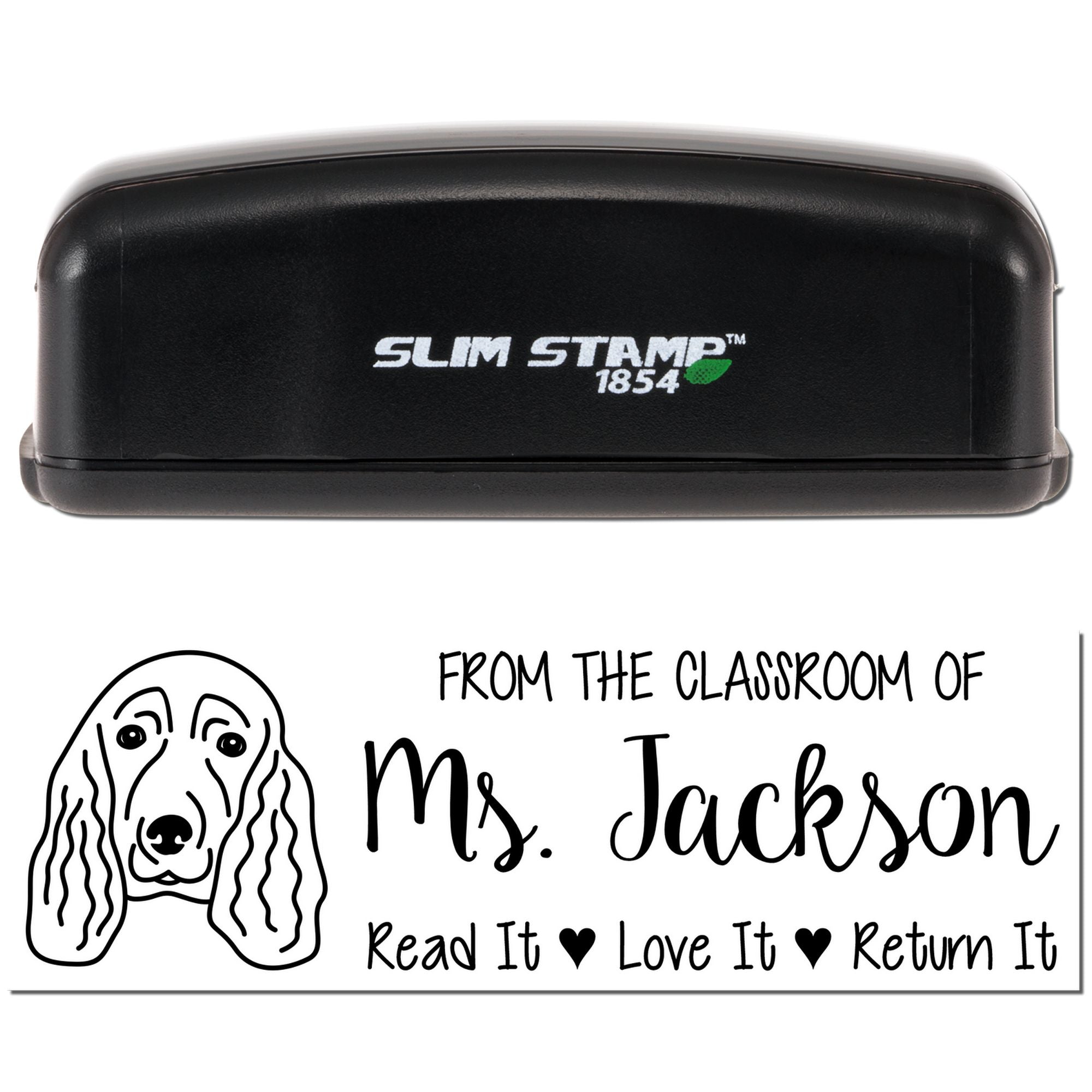 Custom classroom rubber stamp with dog design and teacher name, Read It, Love It, Return It library return message.