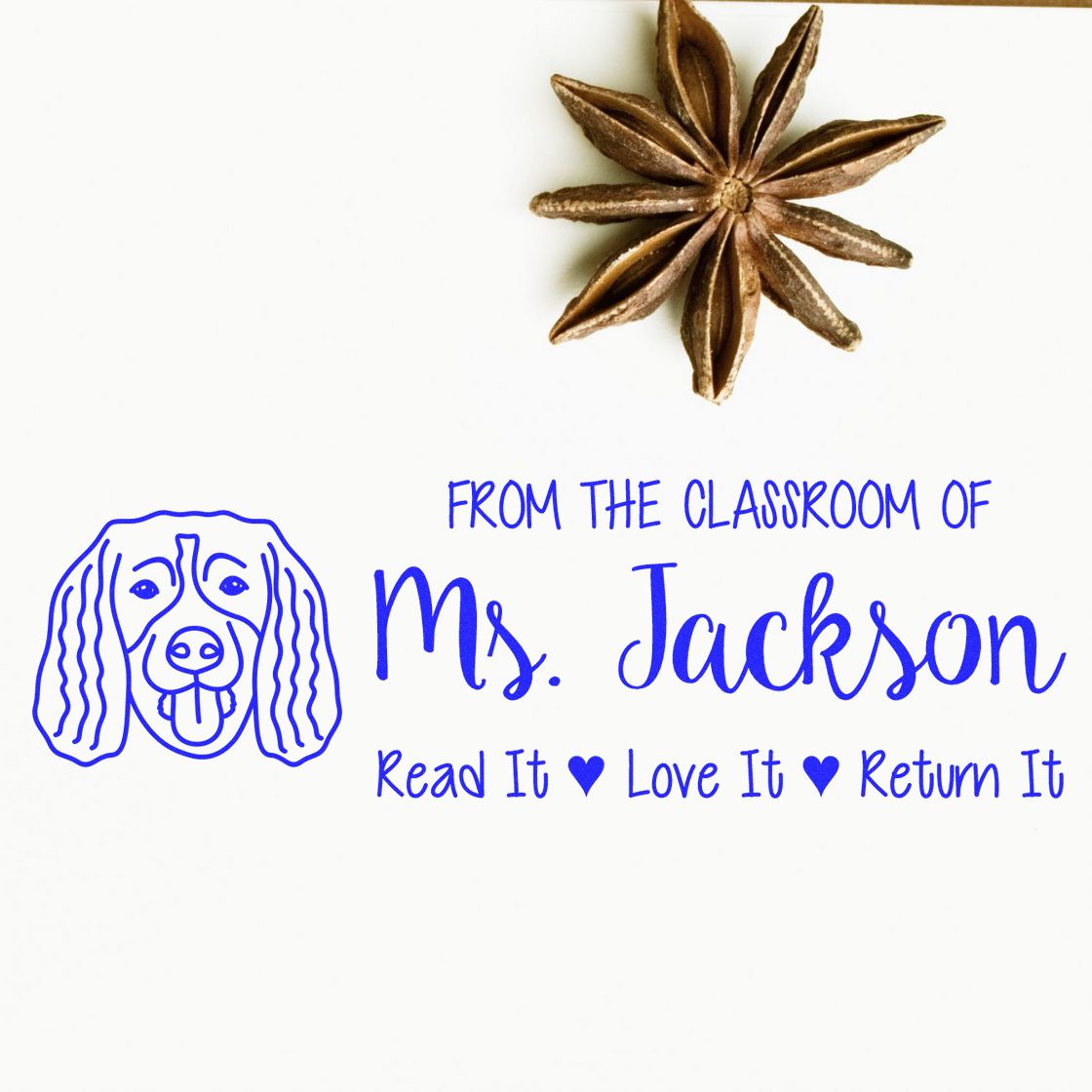 Personalized teacher book stamp for Ms. Jackson with dog illustration and Read It, Love It, Return It classroom message.