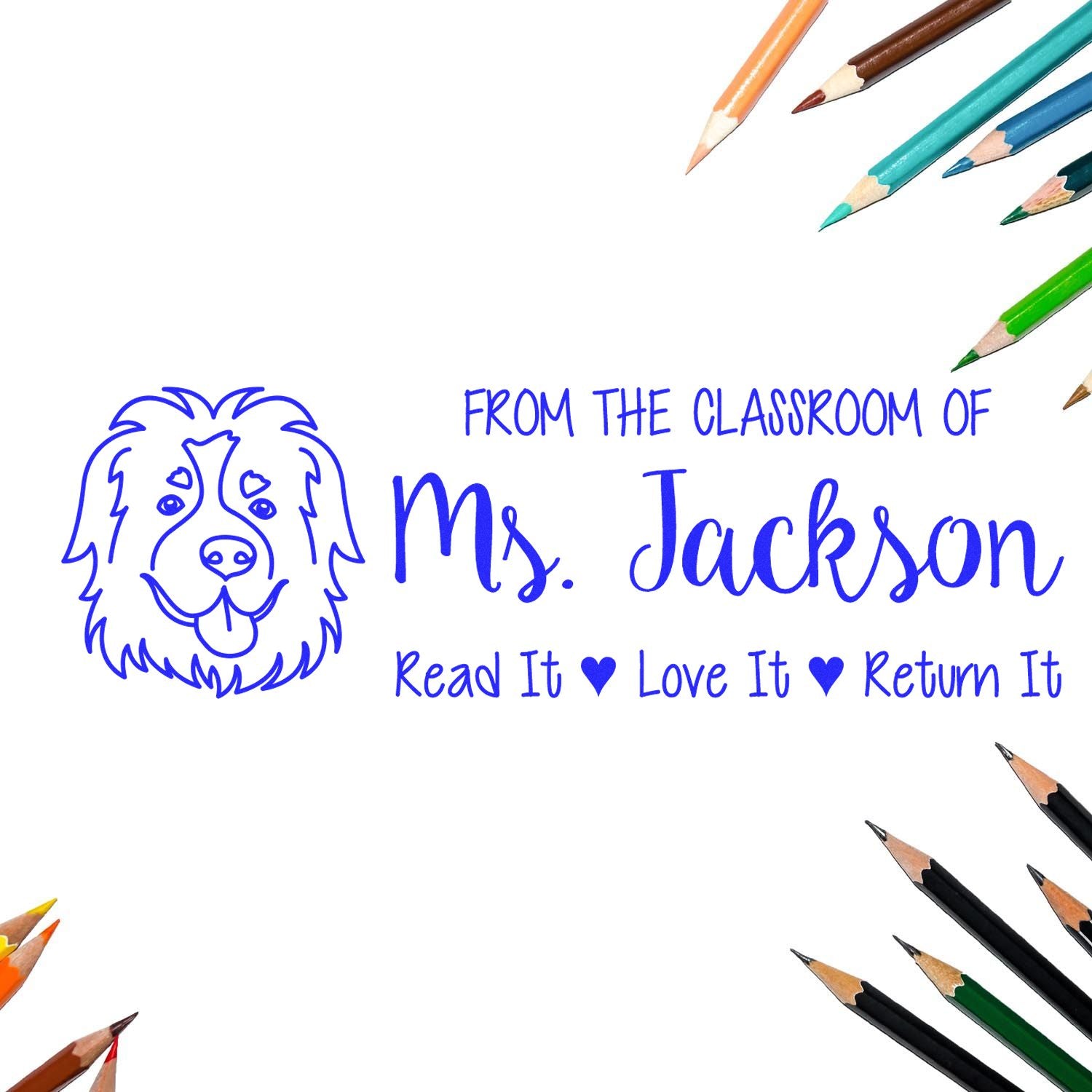 Custom teacher rubber stamp with dog design, From the Classroom of Ms. Jackson, and Read It, Love It, Return It message