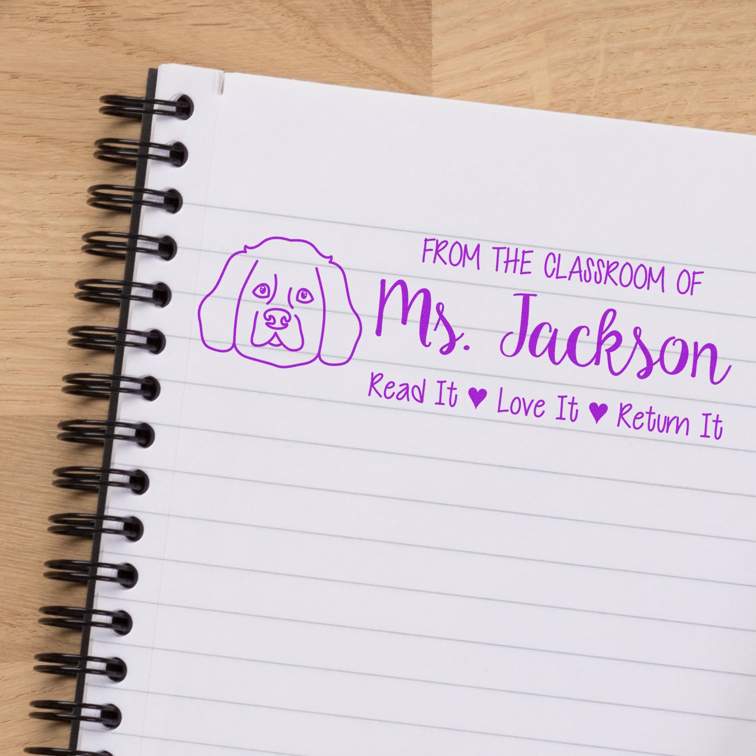 Custom classroom teacher rubber stamp with dog icon: From the classroom of Ms. Jackson, Read It, Love It, Return It.