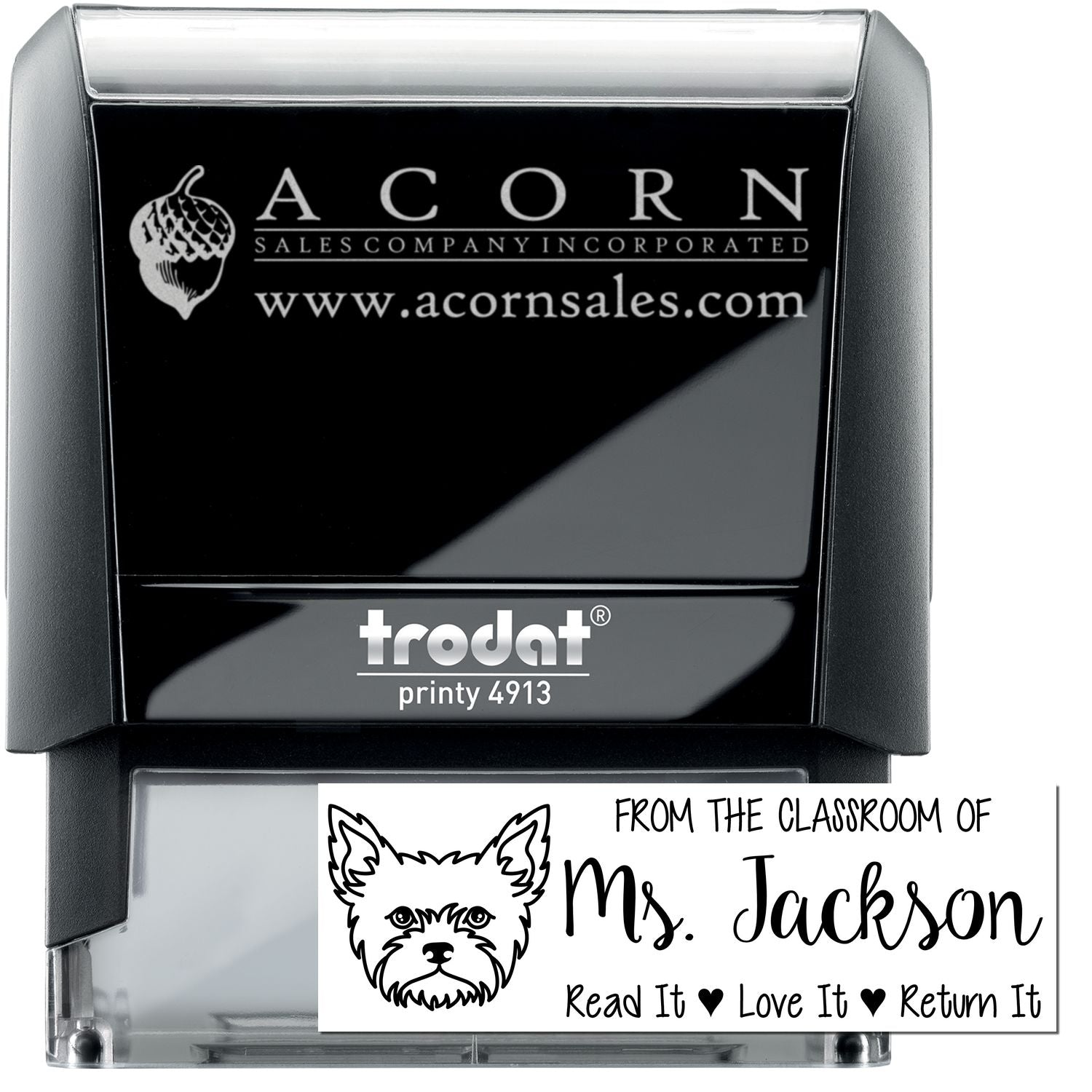Custom self-inking teacher rubber stamp, Trodat Printy 4913, with return-it message and Acorn Sales logo.