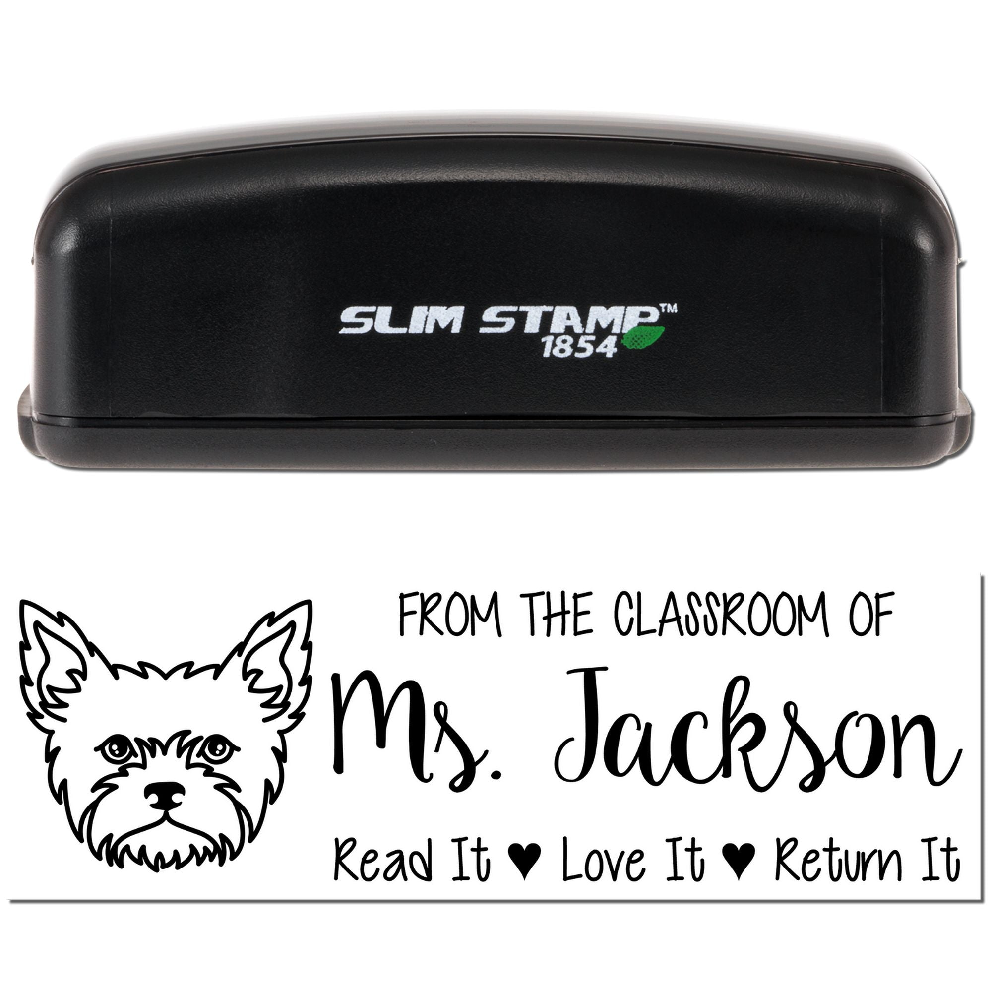 Slim Stamp 1854 custom teacher rubber stamp with dog design and From the classroom of Ms. Jackson return-it book label.