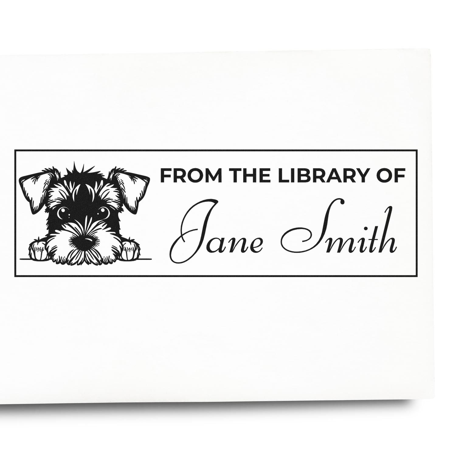 Personalized book stamp with schnauzer dog, reading From the Library of Jane Smith for custom library books.