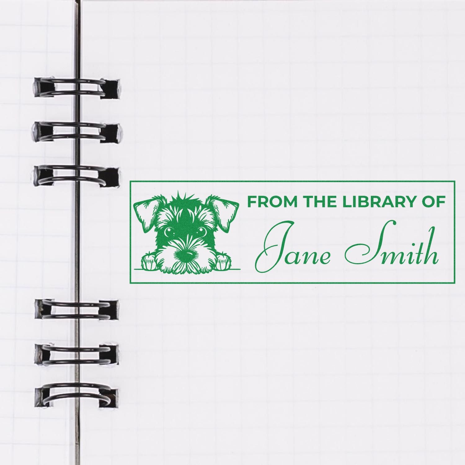 Custom rubber library stamp with dog illustration and From the Library of Jane Smith text for personalized books.