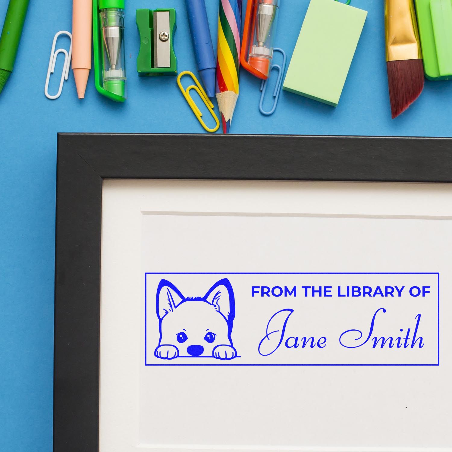 Custom rubber stamp bookplate with dog design and name, personalized From the Library of stamp for books and gifts.