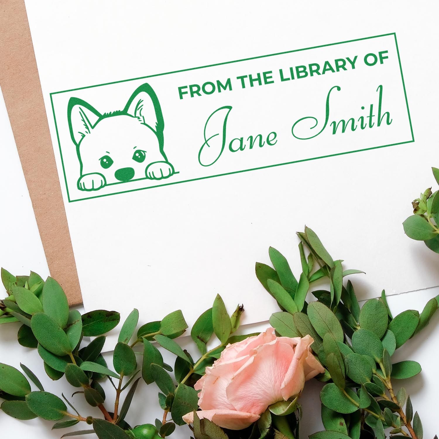 Custom cat library rubber stamp with From the Library of Jane Smith for personalized bookplates and book labeling.