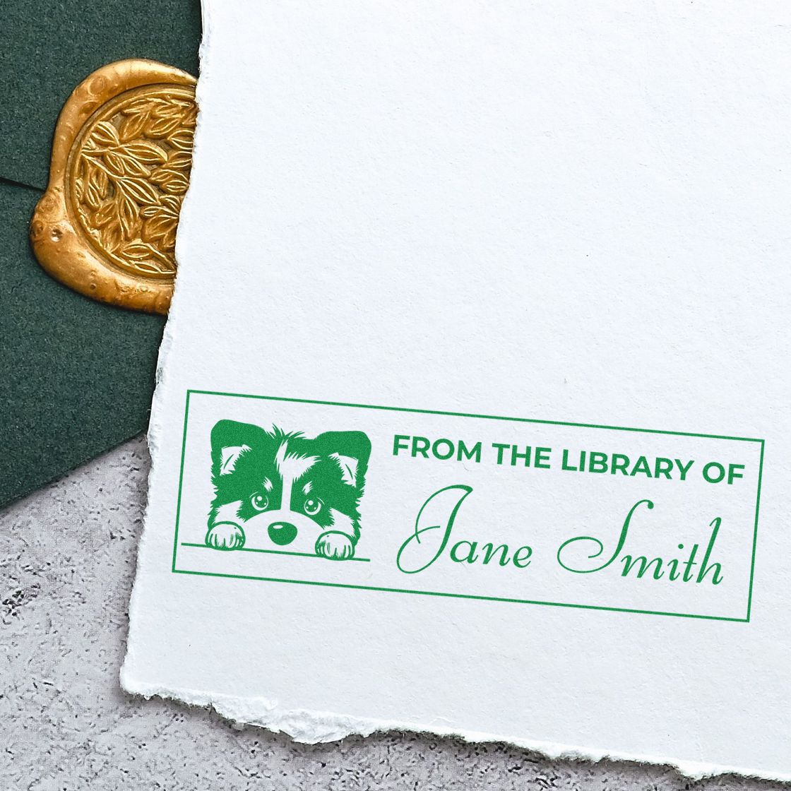 Custom ex libris rubber stamp reading From the Library of Jane Smith with a cute pet design for personal books.
