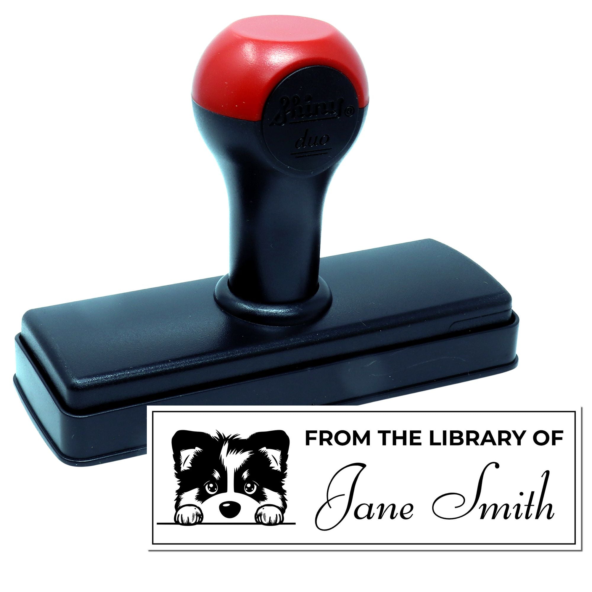Personalized self-inking library book rubber stamp with raccoon design and From the Library of Jane Smith imprint.