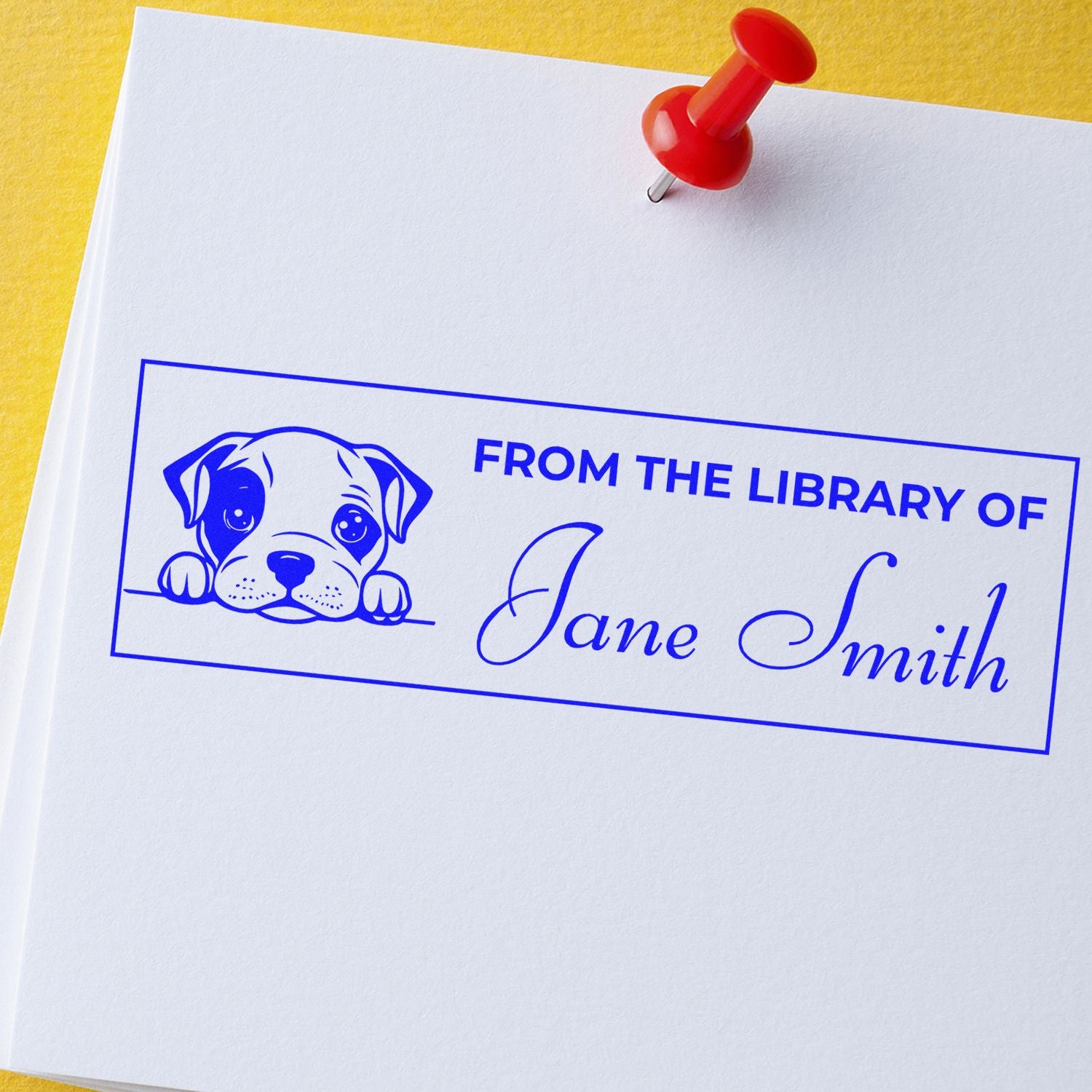 Custom rubber stamp imprint reading From the Library of Jane Smith with puppy design for personal library books