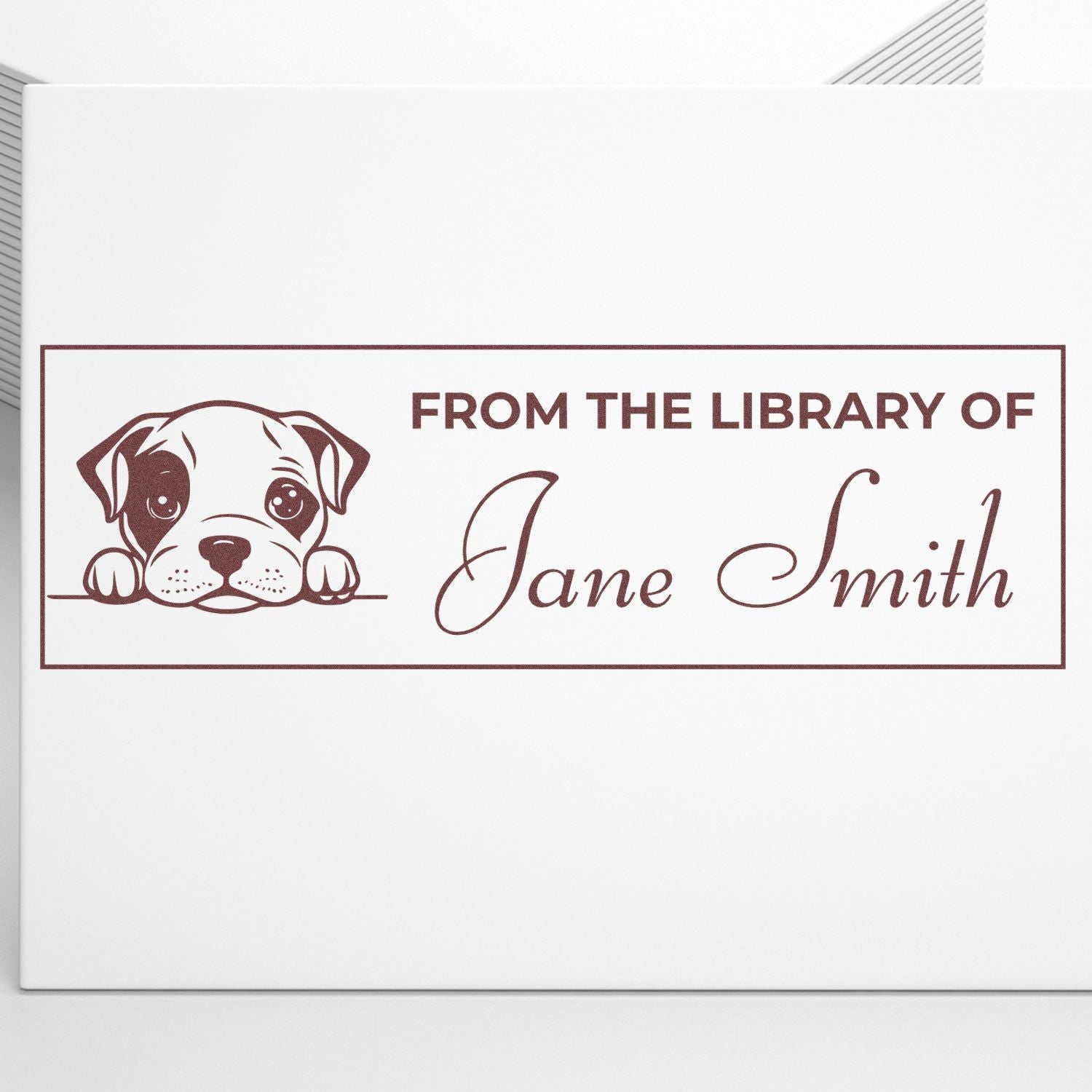 Personalized From the Library of rubber stamp with puppy illustration for marking books and pet lover bookplates.