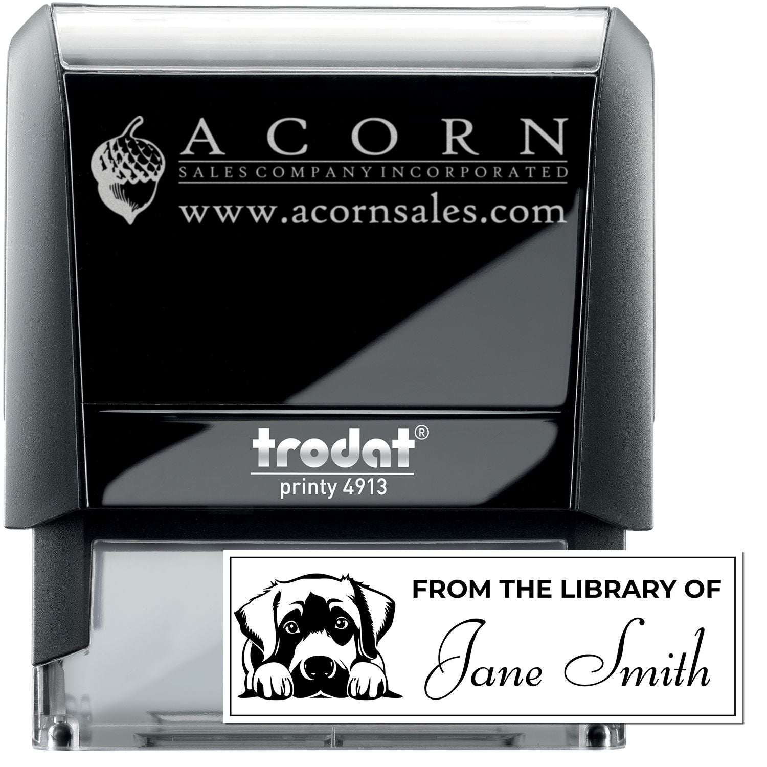 Custom self-inking rubber stamp, Trodat Printy 4913, with Acorn Sales logo and personalized From the Library of Jane Smith design.