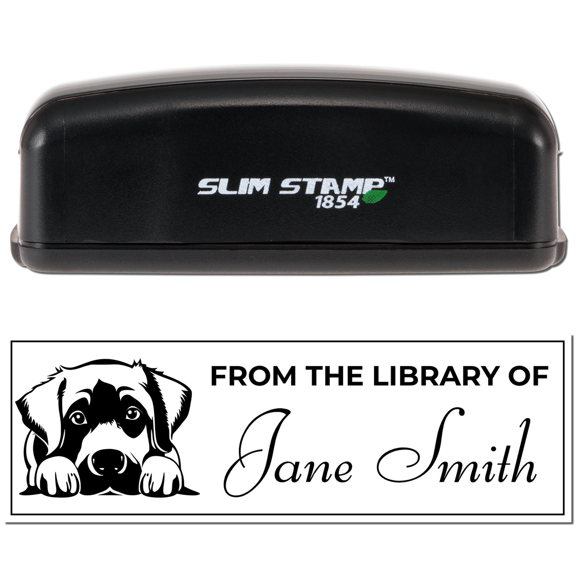 Personalized library book stamp with dog graphic, From the Library of Jane Smith, and Slim Stamp 1854 case.