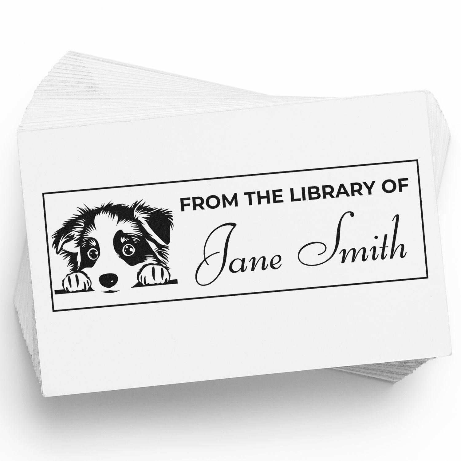 Personalized From the Library of Jane Smith rubber stamp with dog design for custom bookplate marking.