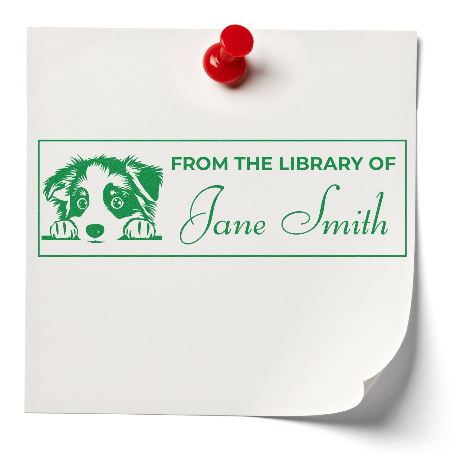 Custom dog bookplate rubber stamp reading From the Library of Jane Smith on paper with red pushpin.