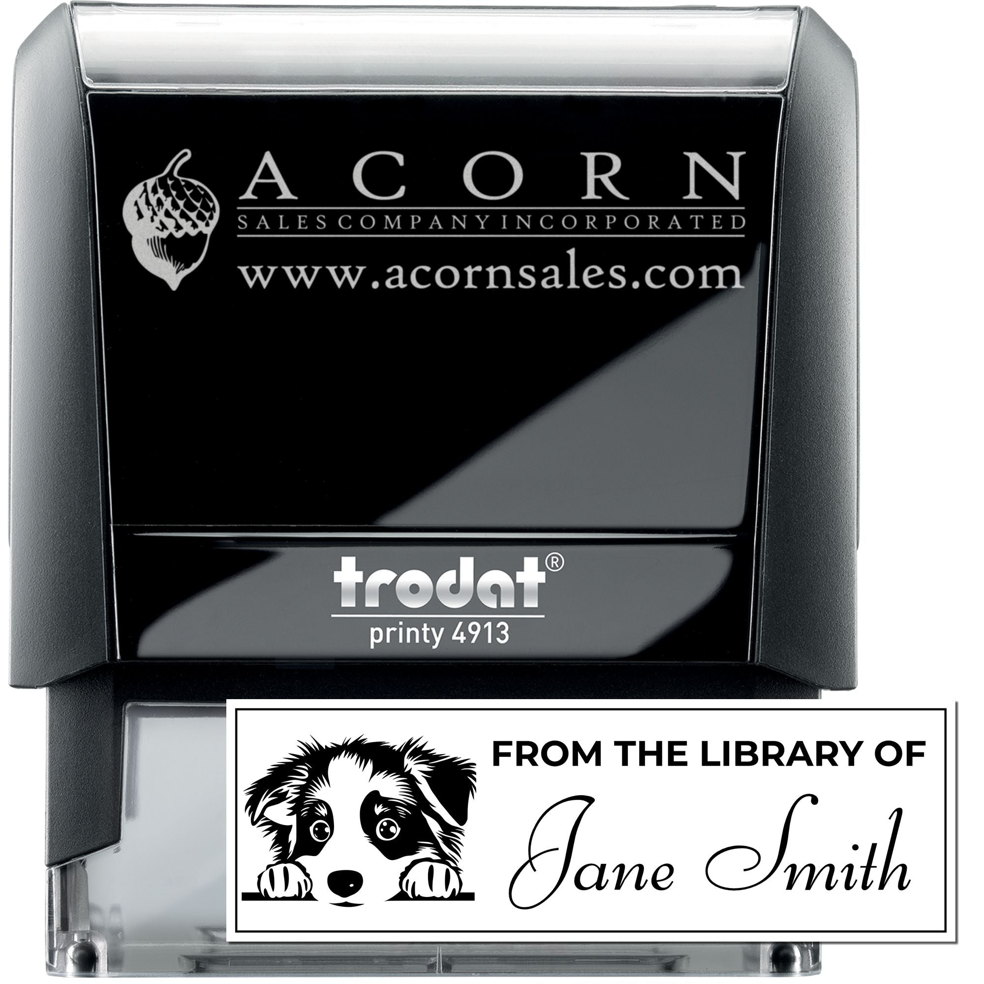 Custom self-inking rubber stamp with Acorn Sales logo and personalized name stamp example for business or library use